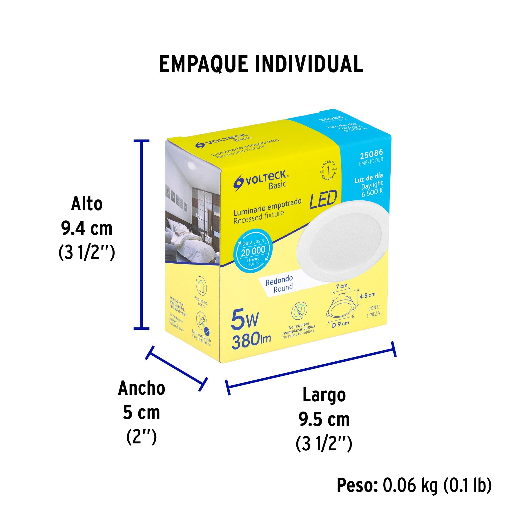 Luminario LED empotrable 5 W 6500 K, redondo, VOLTECK BASIC - Empaque