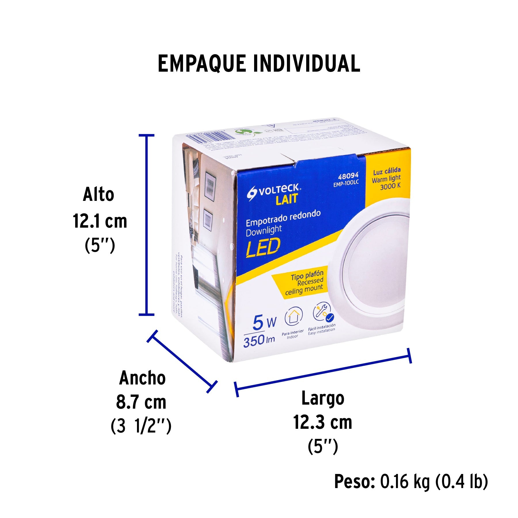 Luminario LED empotrable 5 W 3000 K, redondo, VOLTECK - Empaque
