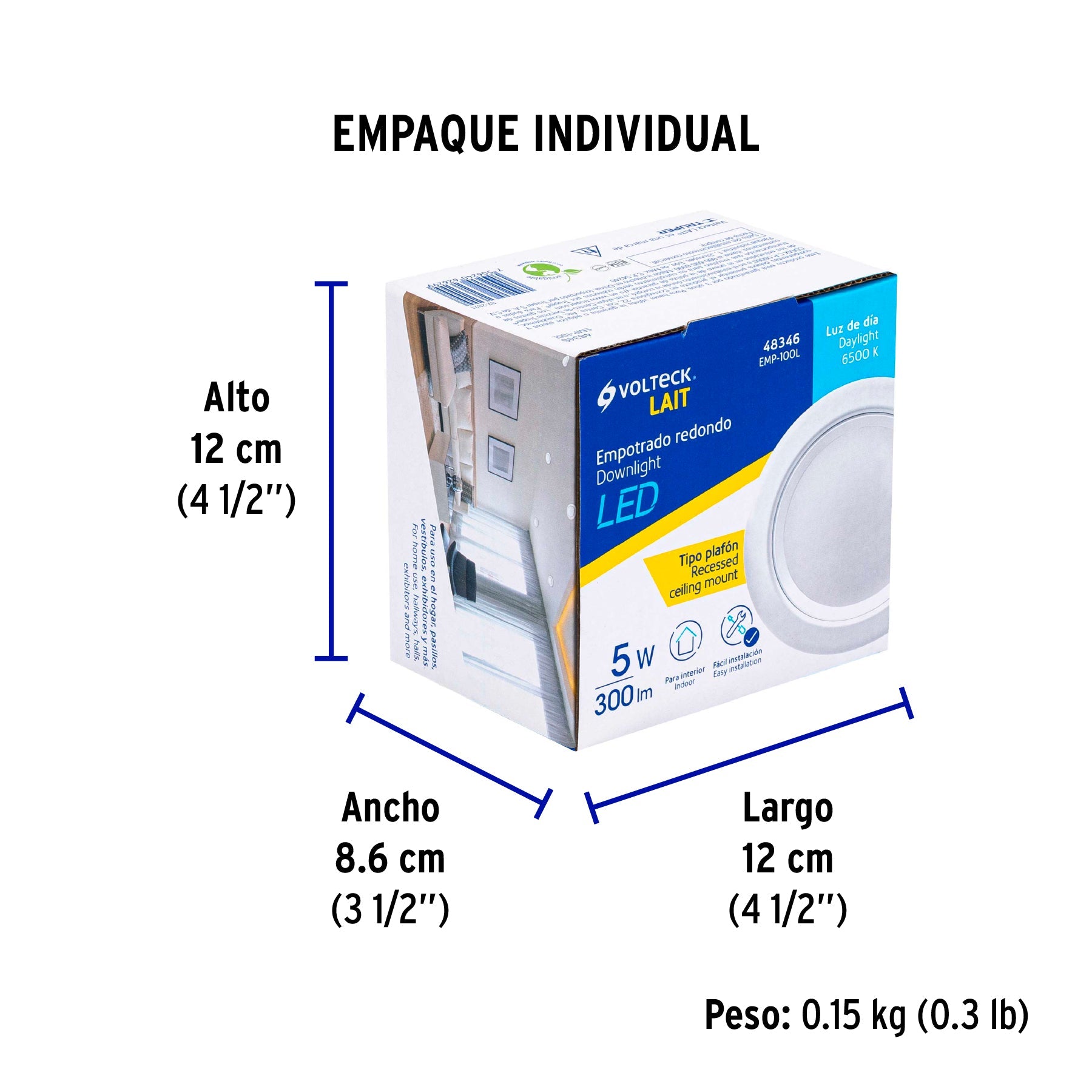 Luminario LED empotrable 5 W 6500 K, redondo, VOLTECK - Empaque