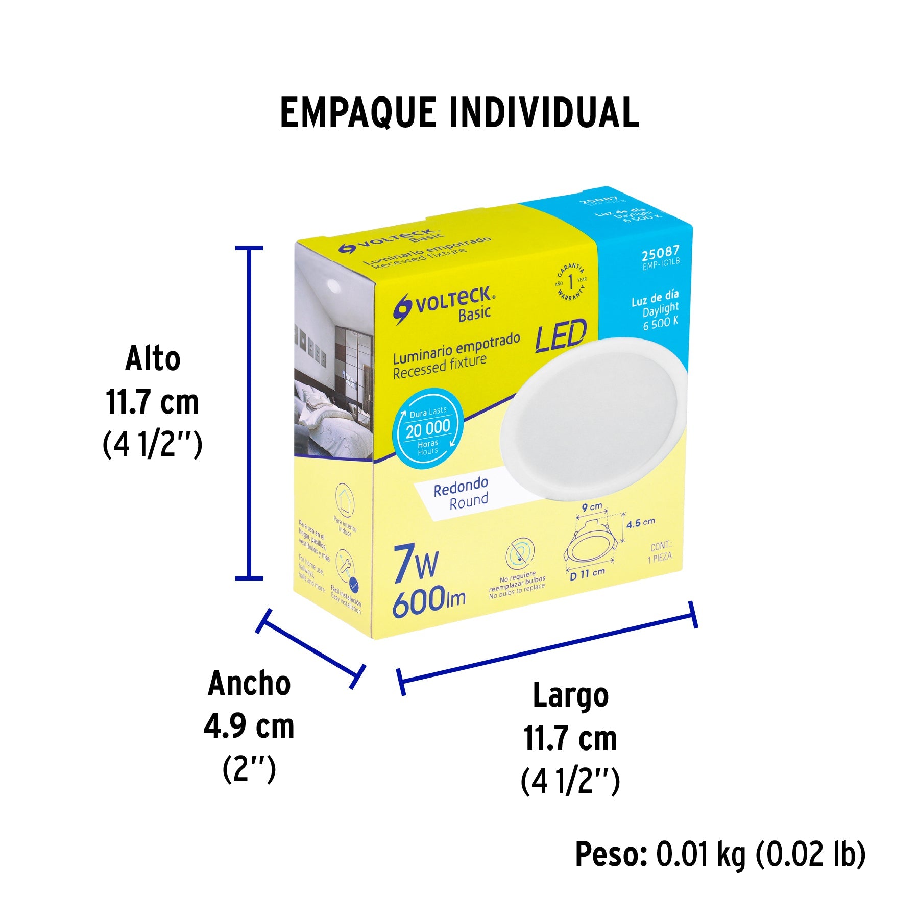 Luminario LED empotrable 7 W 6500 K, redondo, VOLTECK BASIC - Empaque