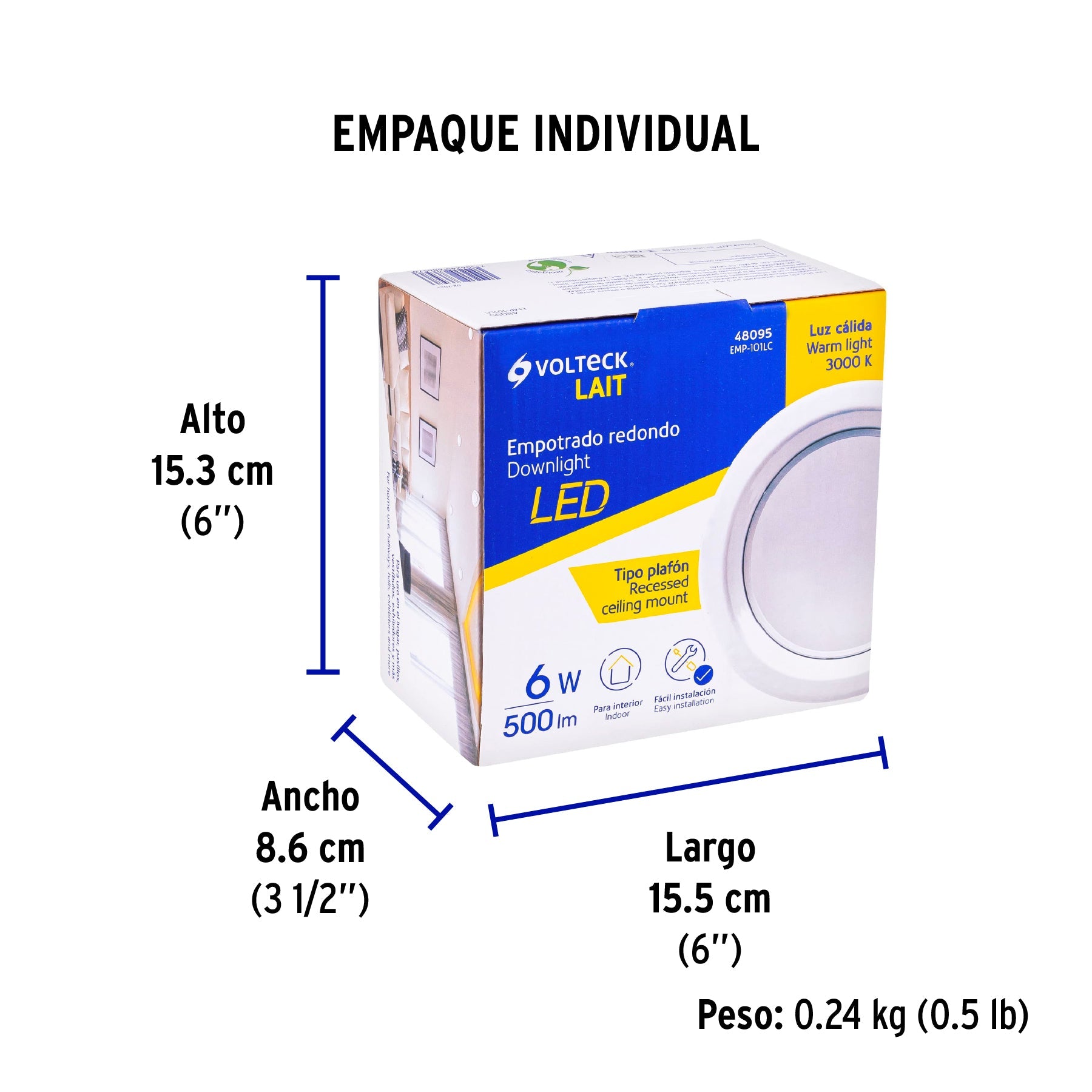 Luminario LED empotrable 6 W 3000 K, redondo, VOLTECK - Empaque