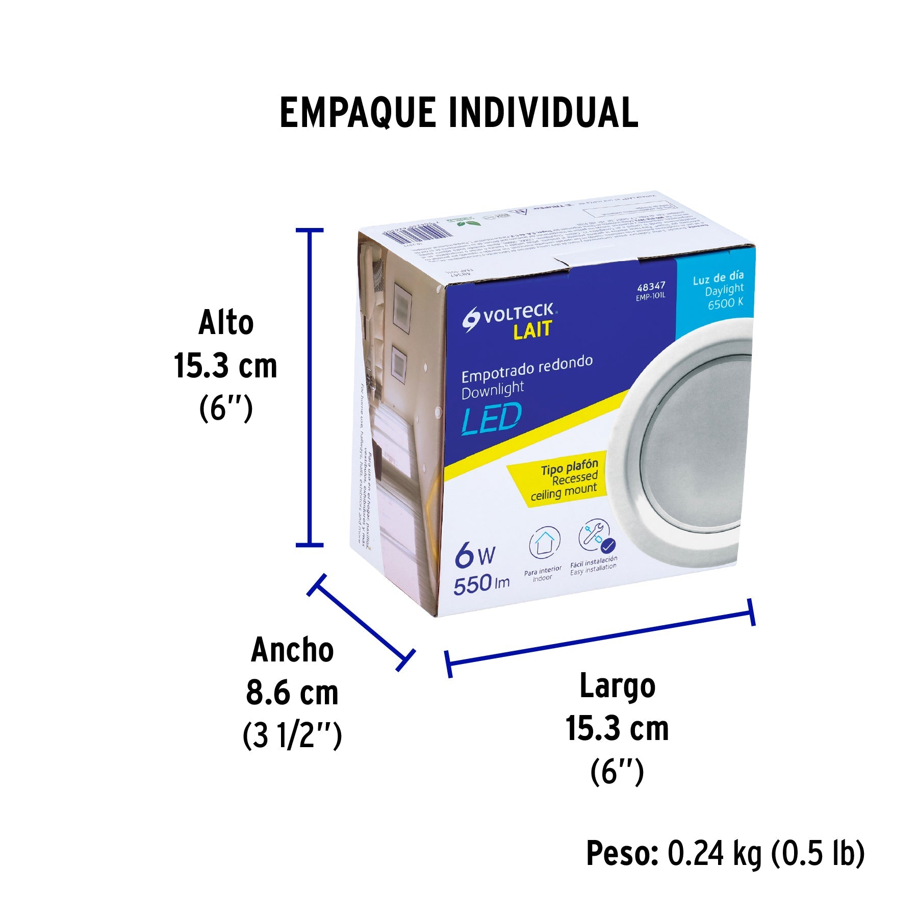 Luminario LED empotrable 6 W 6500 K, redondo, VOLTECK - Empaque