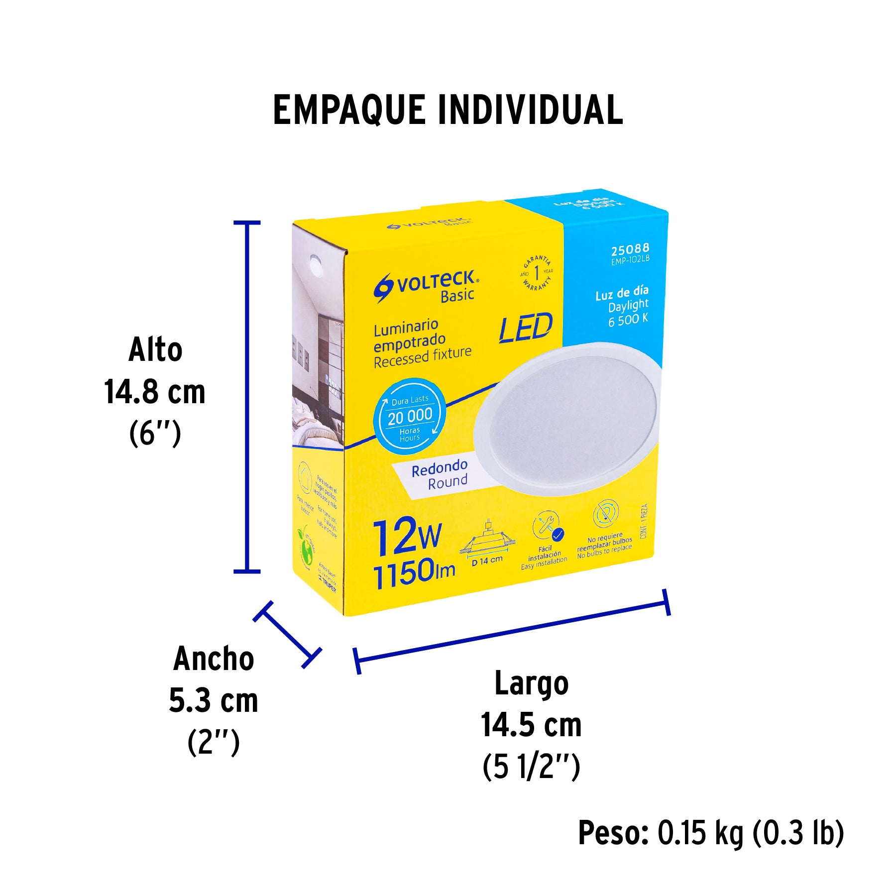 Luminario LED empotrable 12 W 6500 K, redondo, VOLTECK BASIC - Empaque