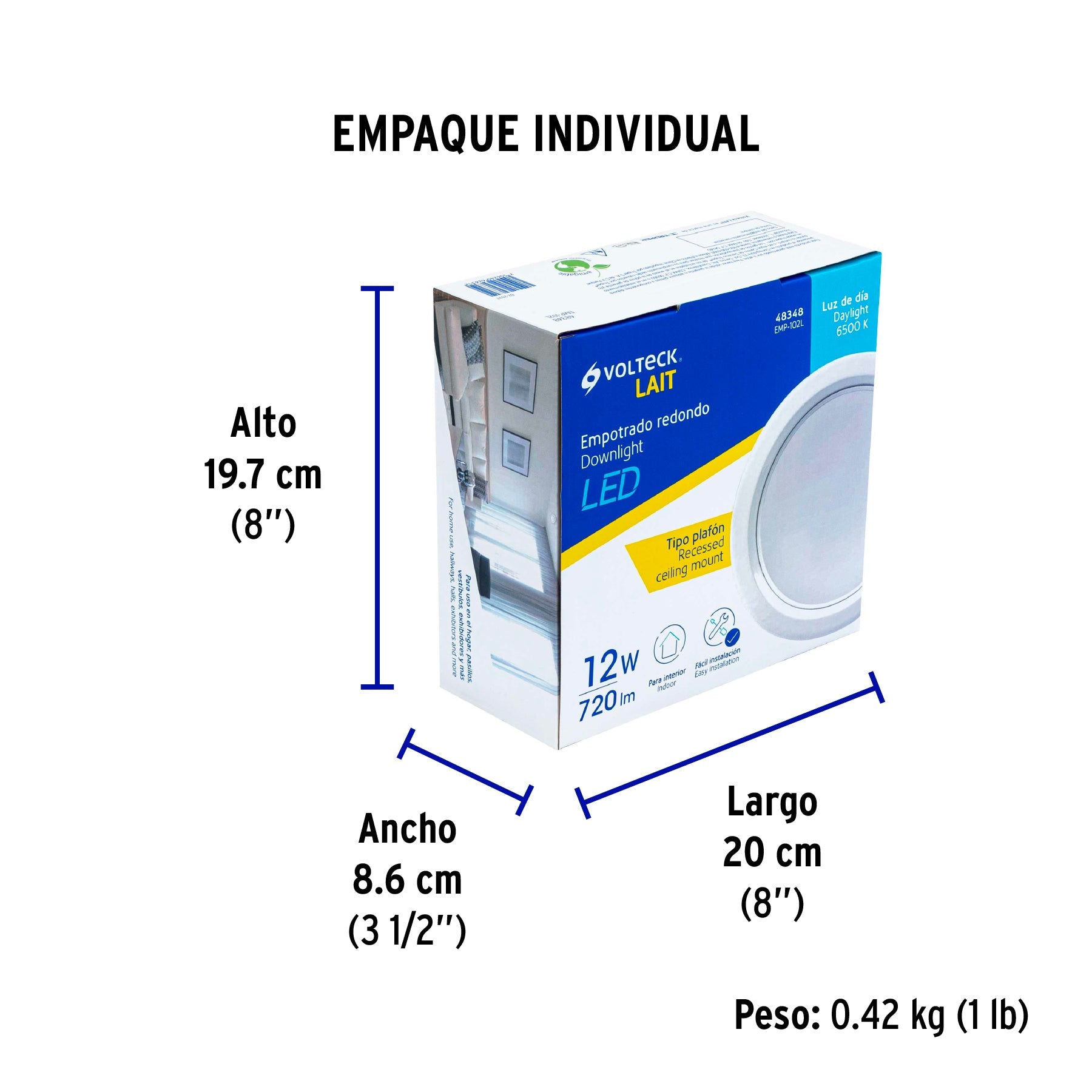 Luminario LED empotrable 12 W 6500 K, redondo, VOLTECK - Empaque