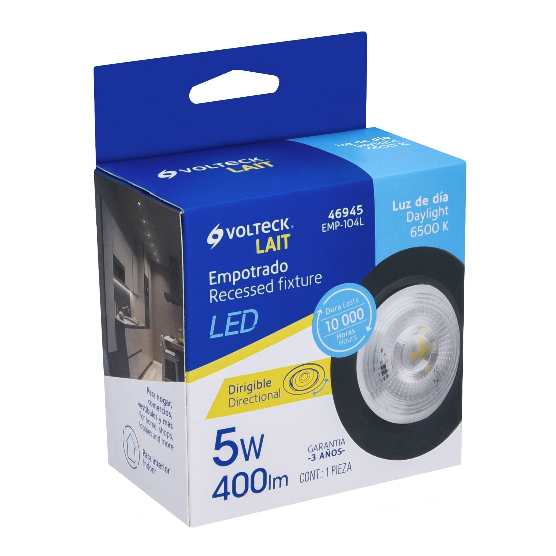 Luminario LED empotrable 5W 6500K, redondo, negro, VOLTECK