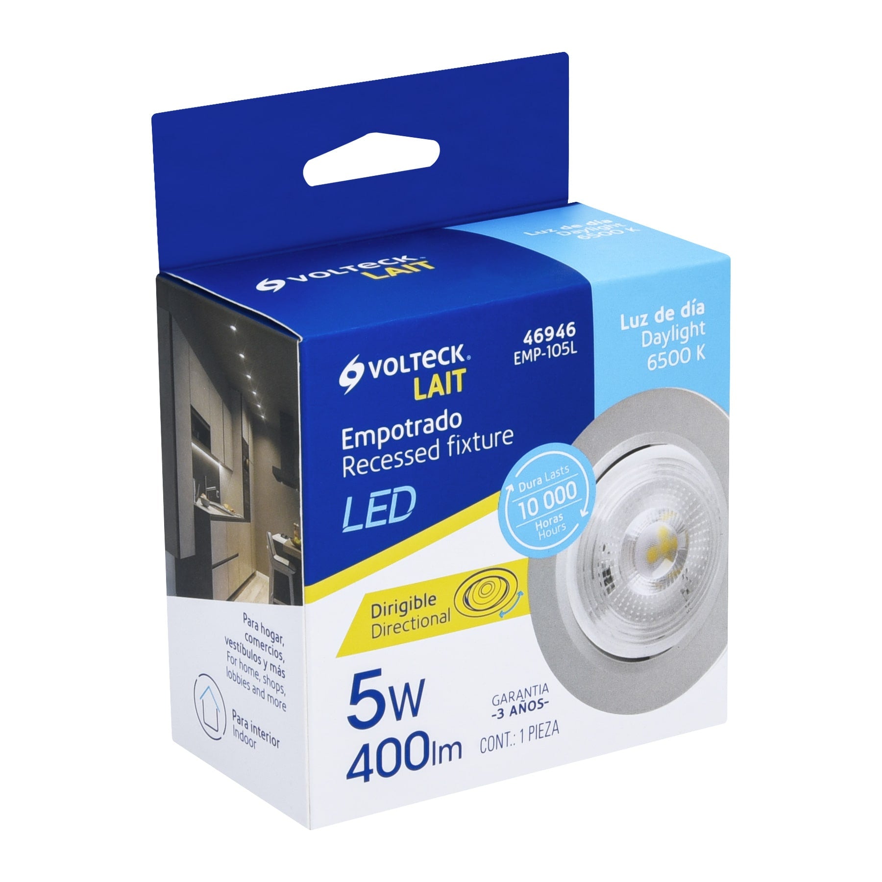 Luminario LED empotrable 5W 6500K, redondo, cromo, VOLTECK