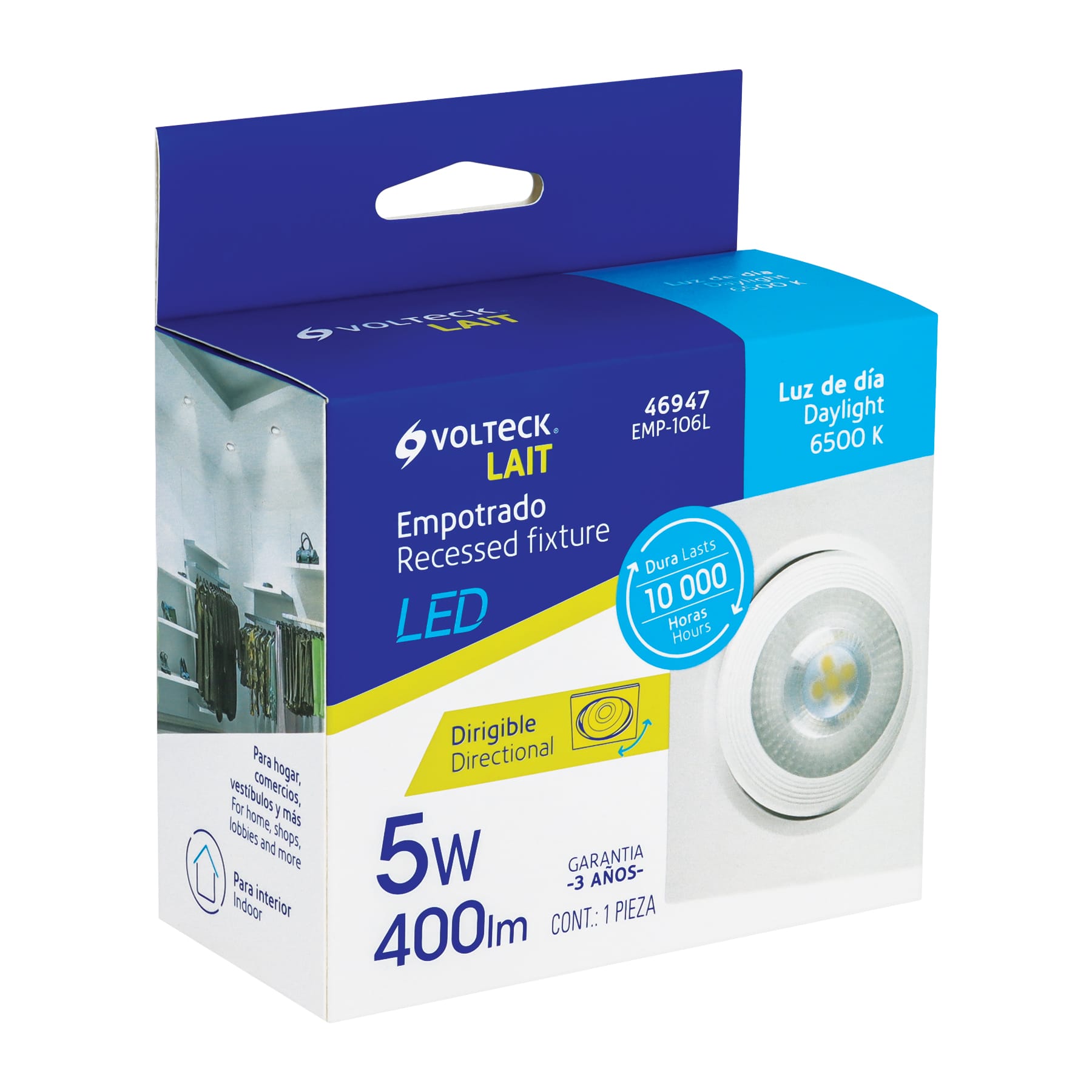 Luminario LED empotrable 5W 6500K, cuadrado, blanco, VOLTECK