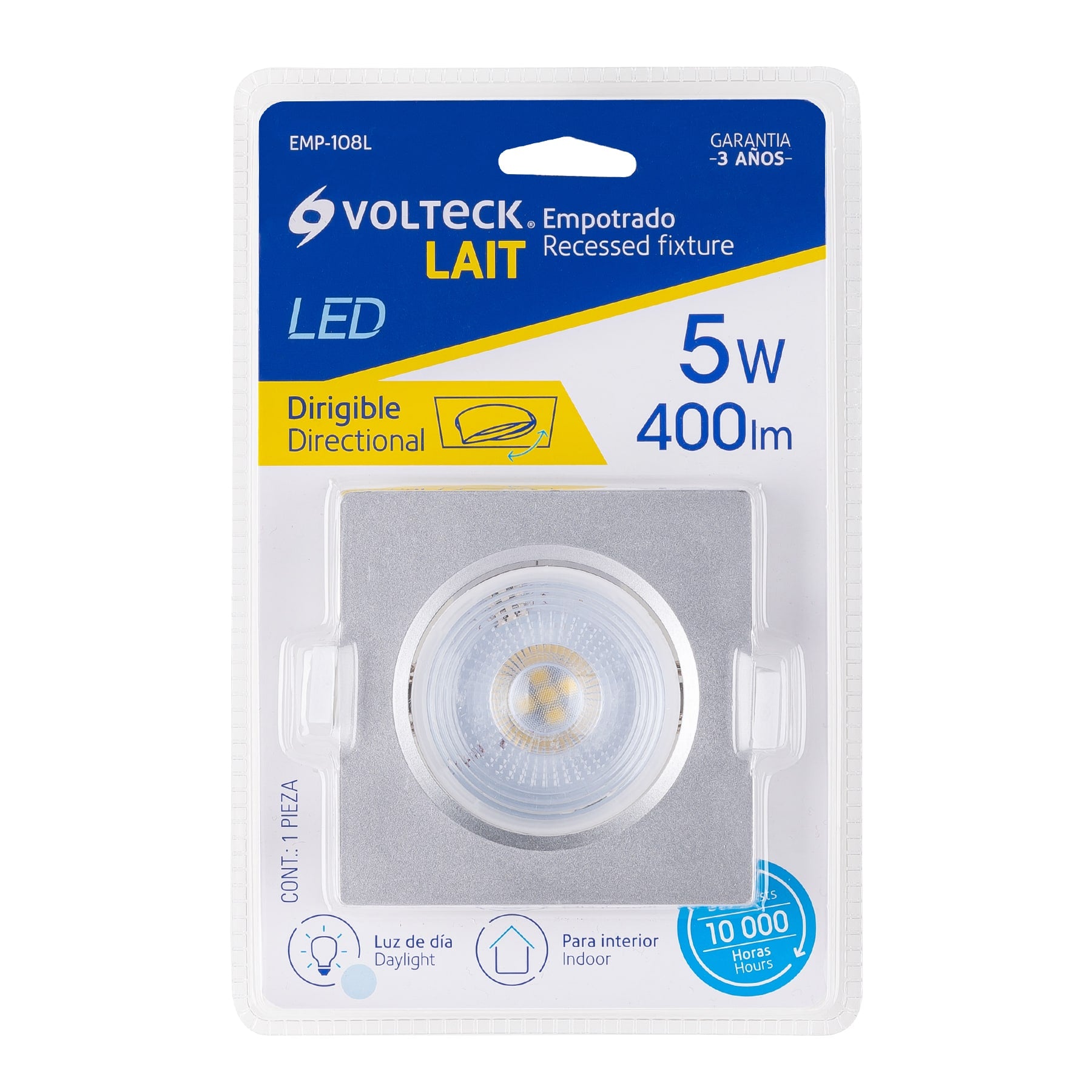 Luminario LED empotrable 5W 6500K, cuadrado, cromo, VOLTECK