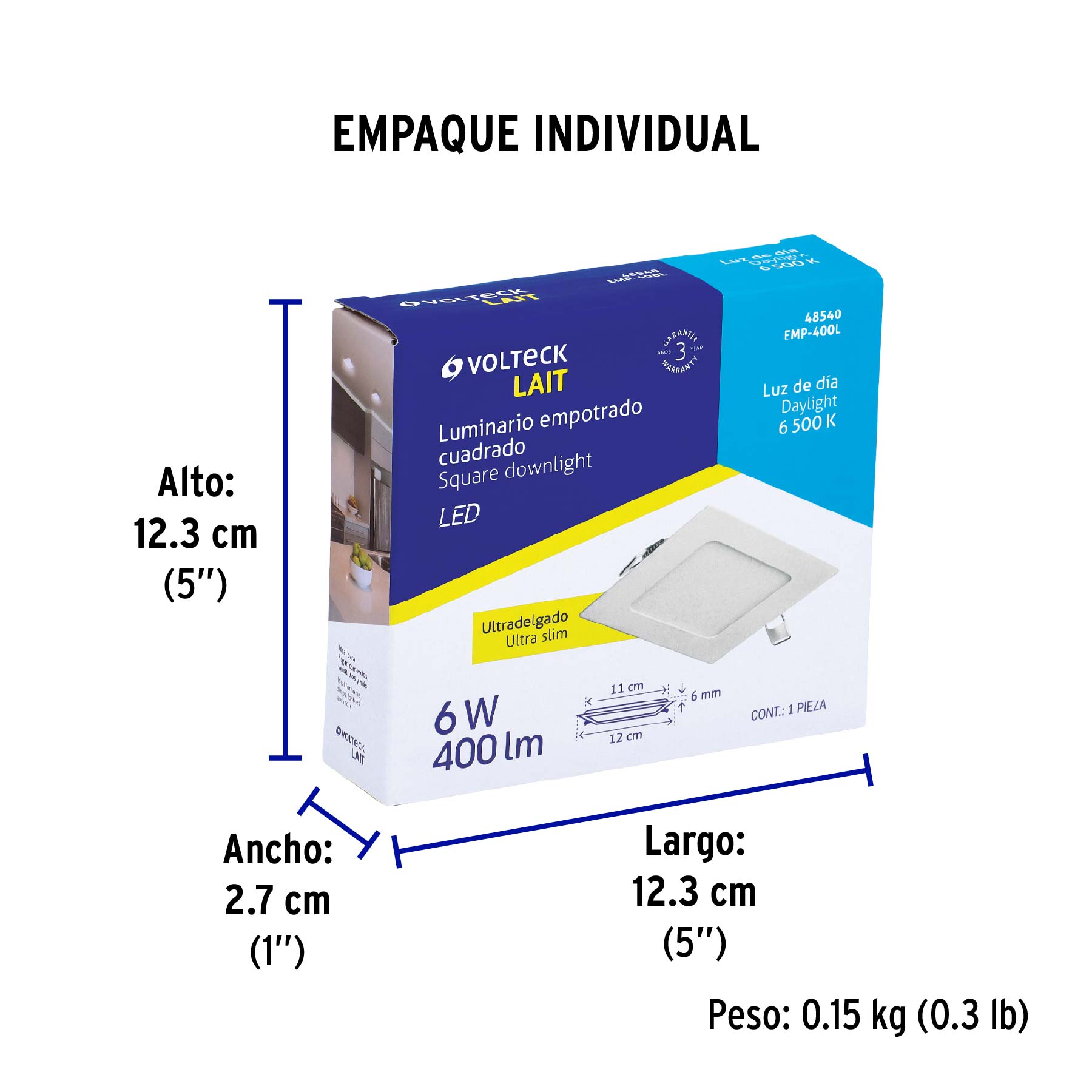 Luminario LED plafón 6W 6500K ultradelgado cuadrado VOLTECK - Empaque