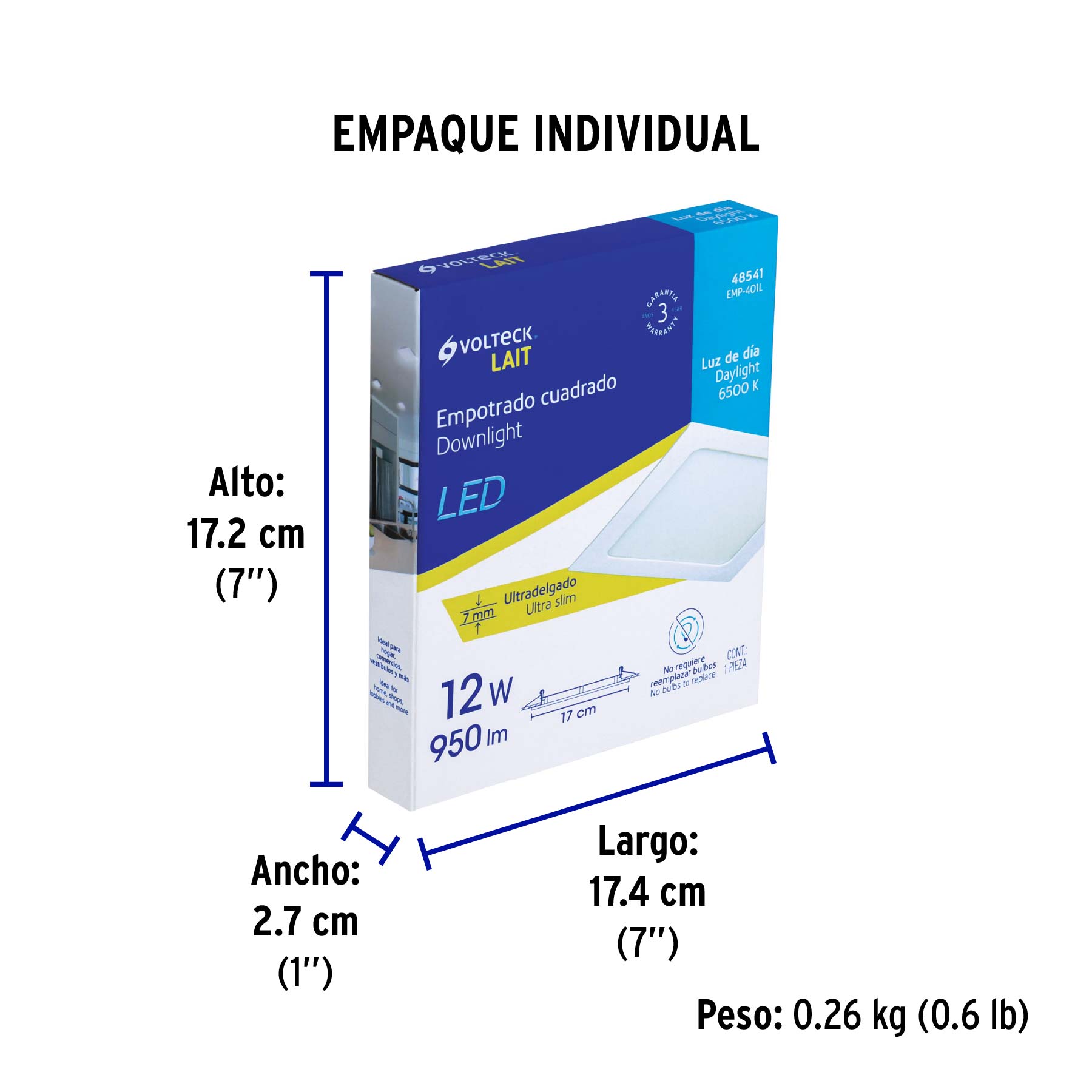 Luminario LED plafón 12W 6500K ultradelgado cuadrado VOLTECK - Empaque