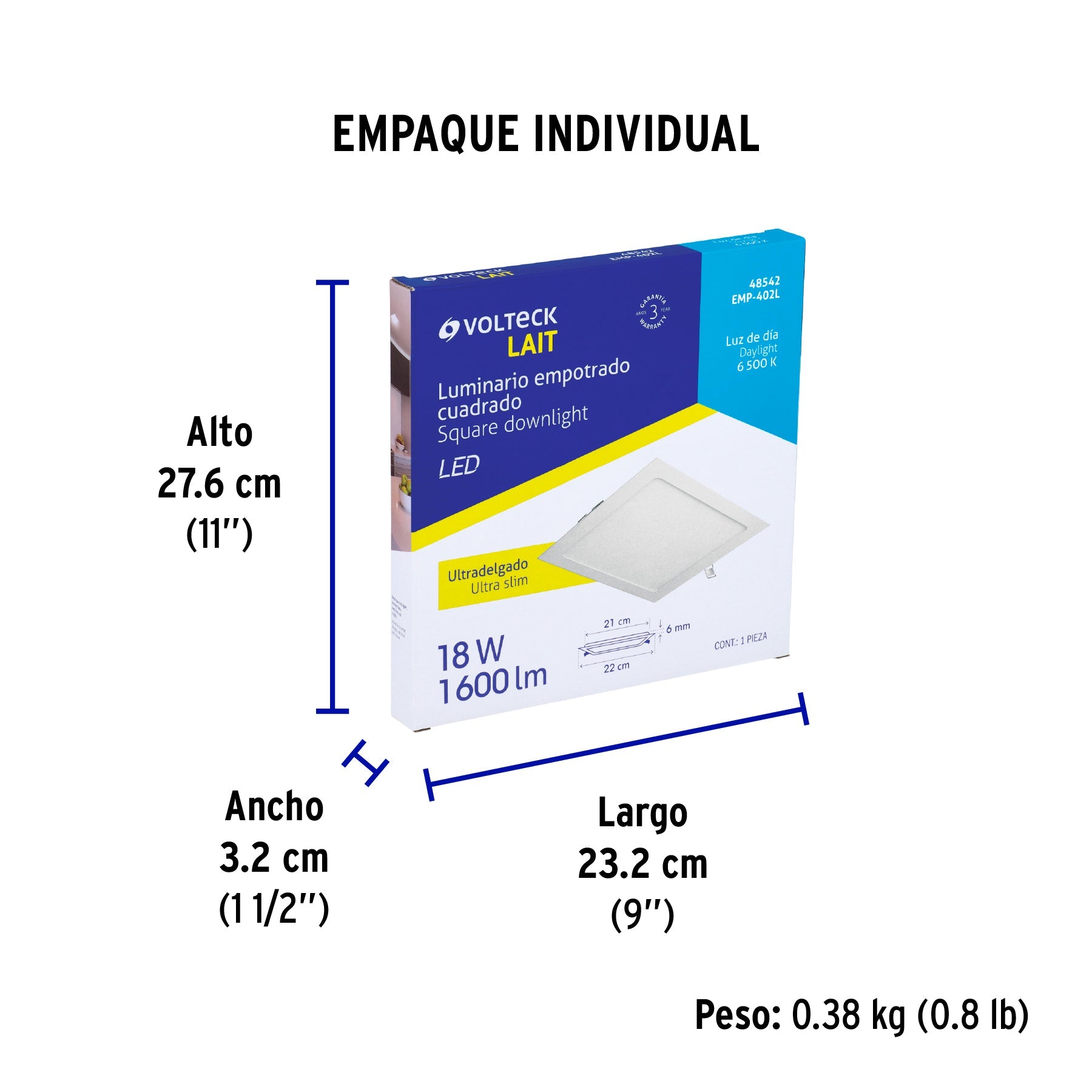 Luminario LED plafón 18W 6500K ultradelgado cuadrado VOLTECK - Empaque
