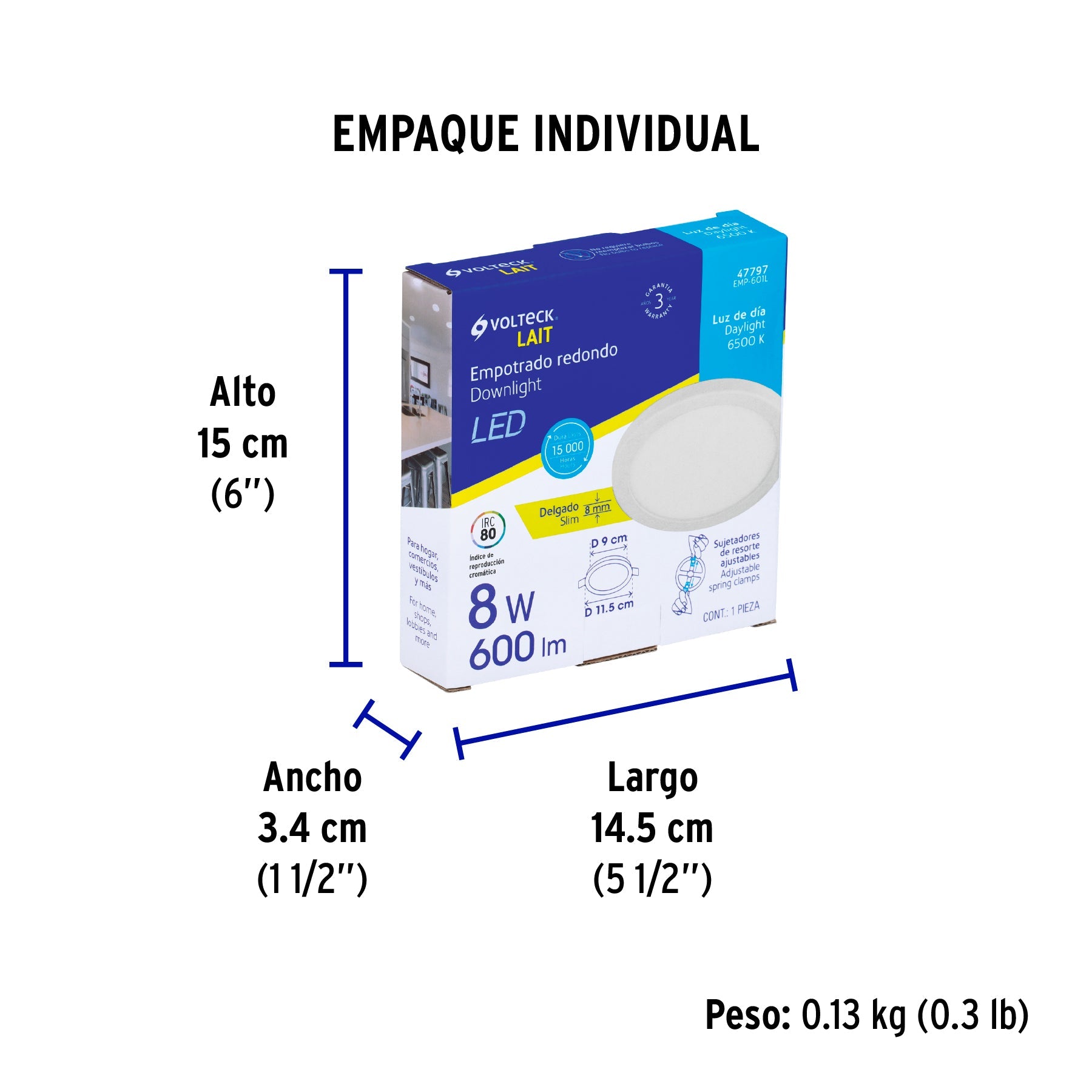 Luminario LED plafón 8W 6500K, ajustable, redondo, VOLTECK - Empaque