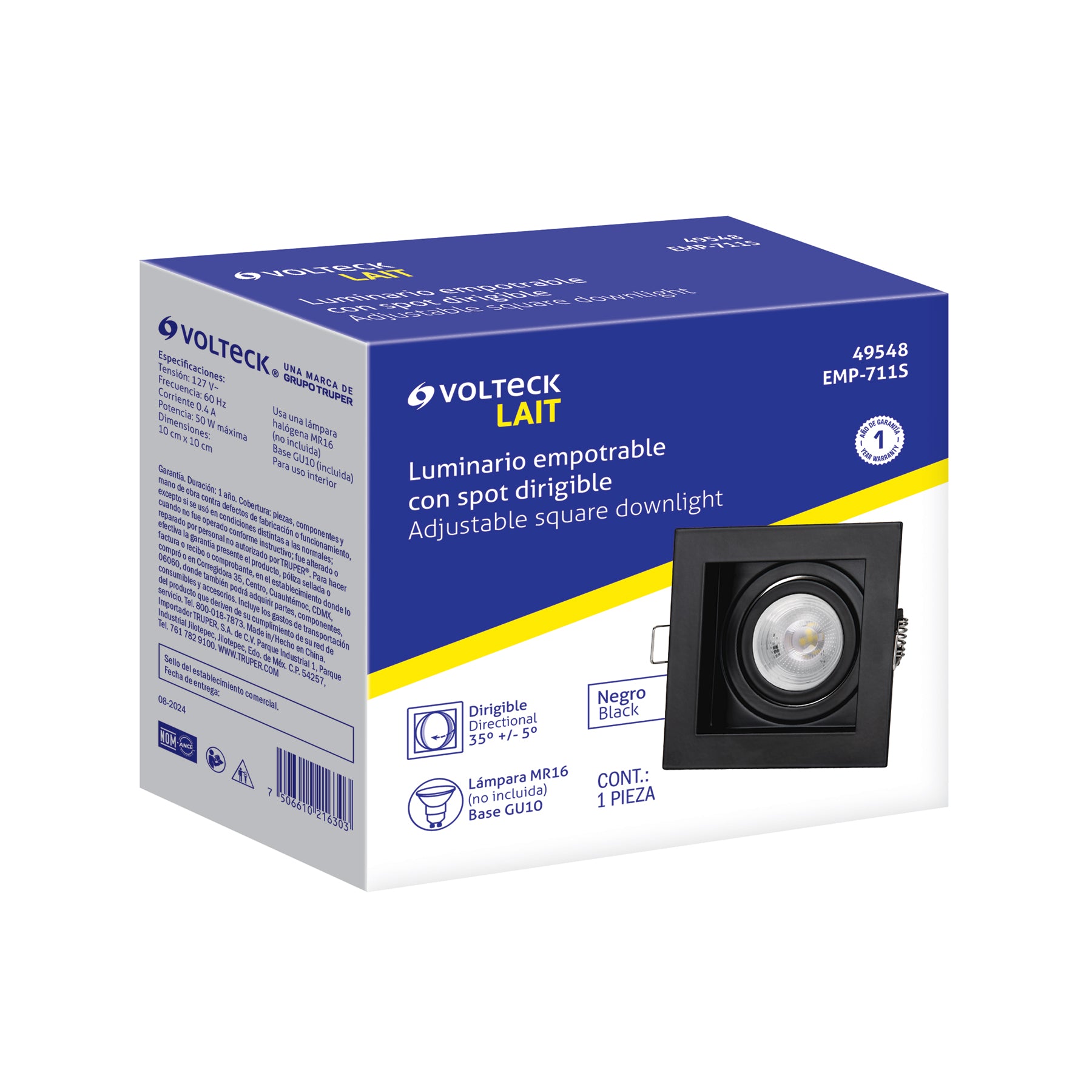 Luminario empotrable con 1 spot dirigible, negro, VOLTECK