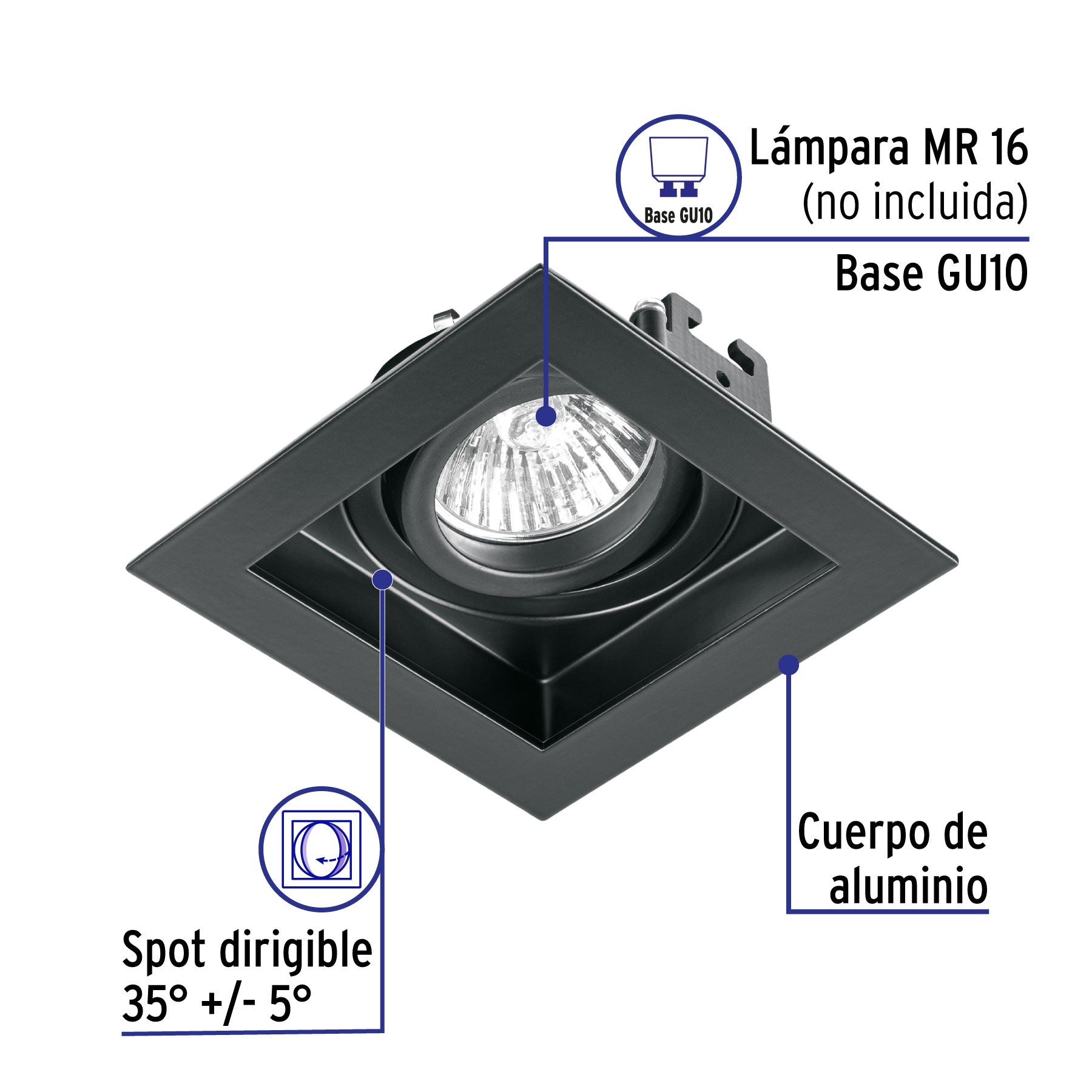 Luminario empotrable con 1 spot dirigible, negro, VOLTECK