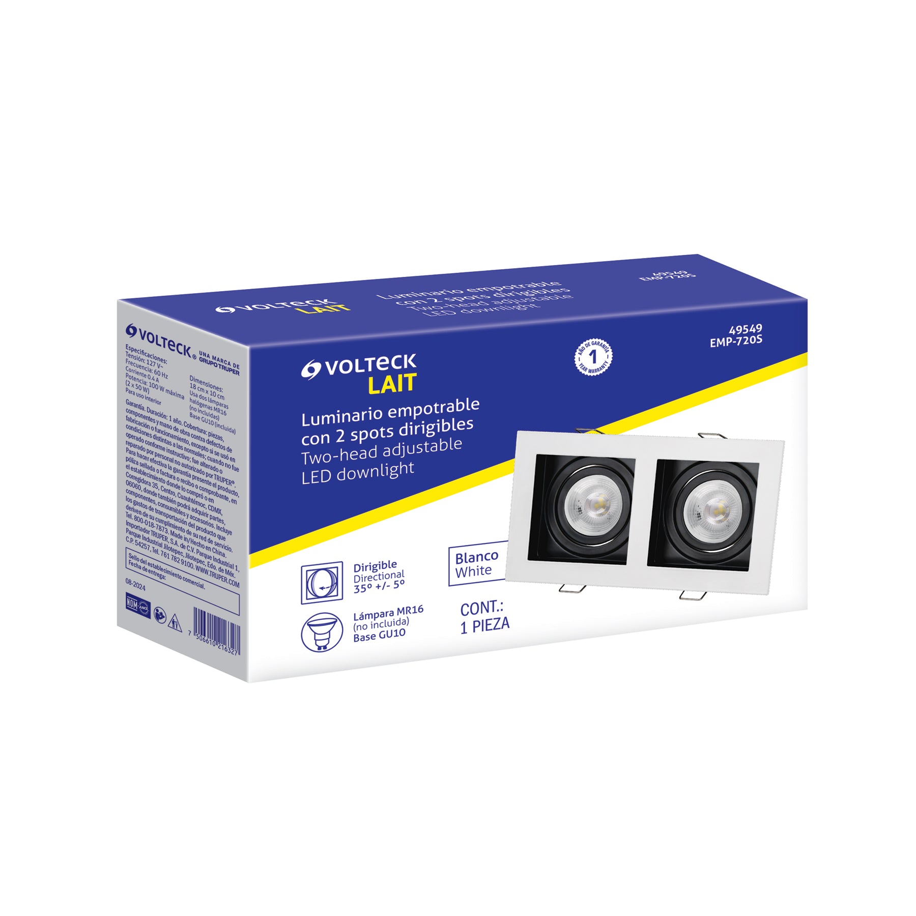 Luminario empotrable con 2 spots dirigibles, blanco, VOLTECK