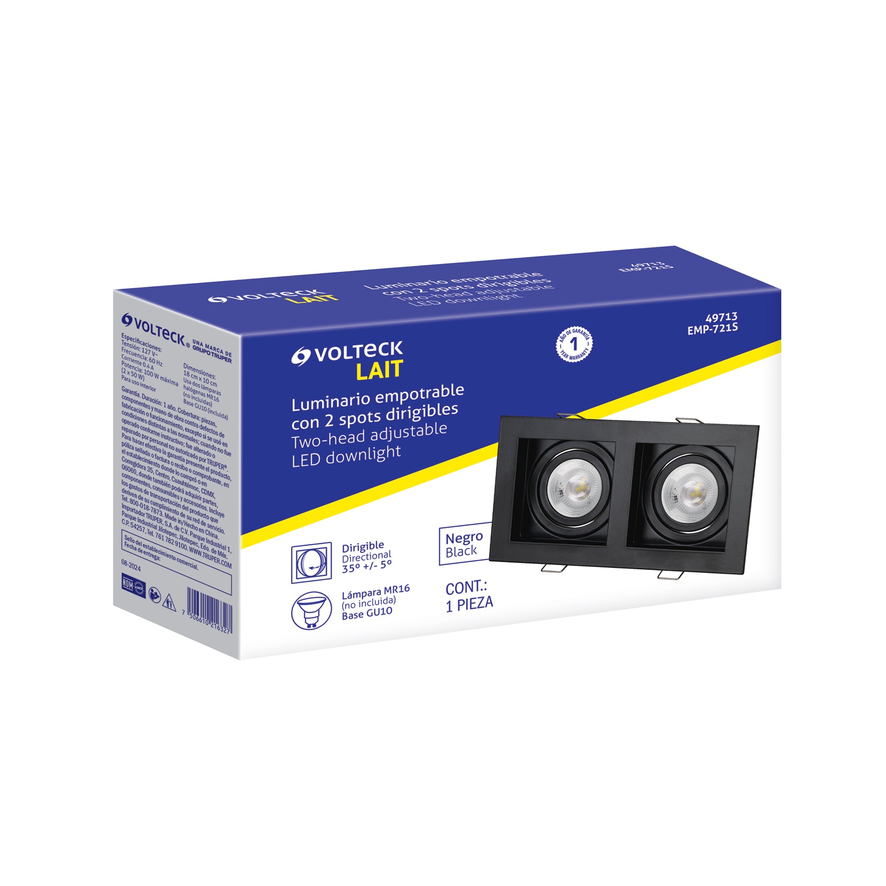 Luminario empotrable con 2 spots dirigibles, negro, VOLTECK