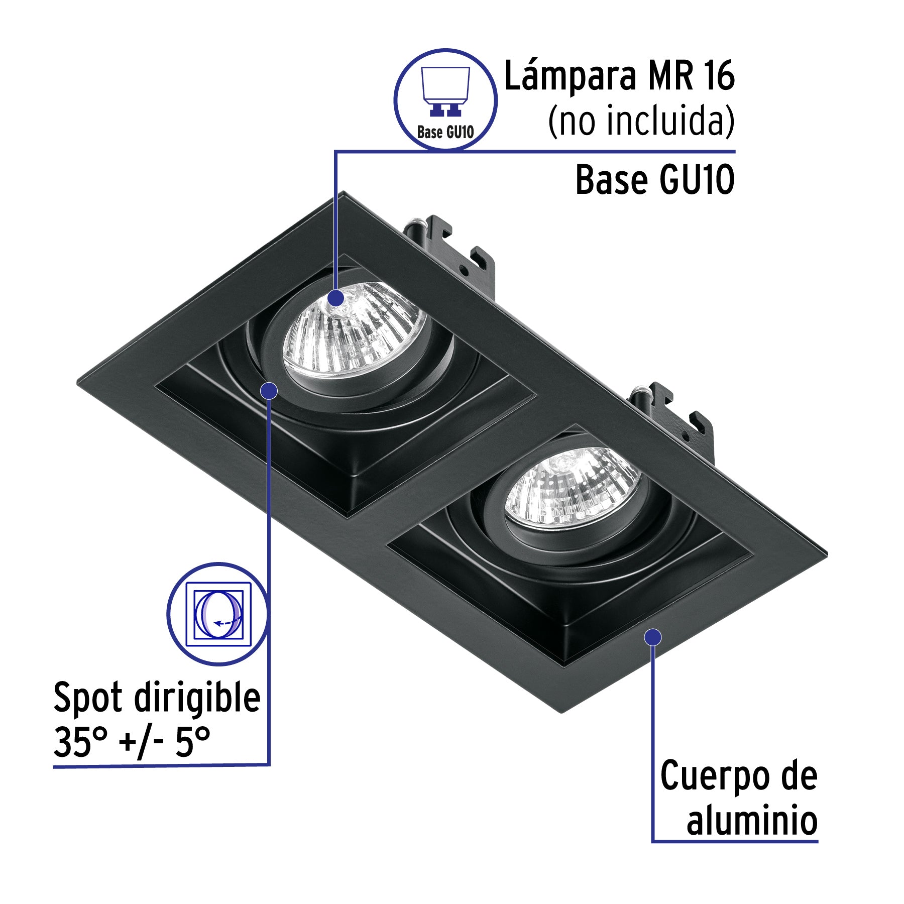 Luminario empotrable con 2 spots dirigibles, negro, VOLTECK