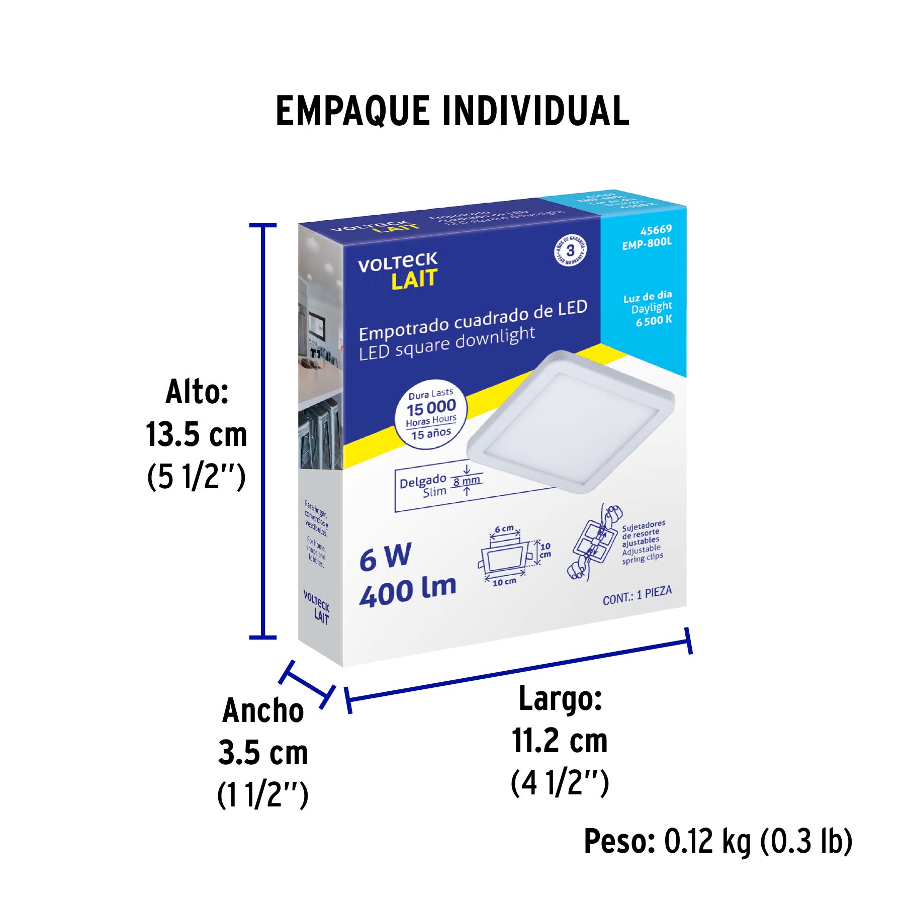 Luminario LED plafón 6W 6500K, ajustable, cuadrado, VOLTECK - Empaque