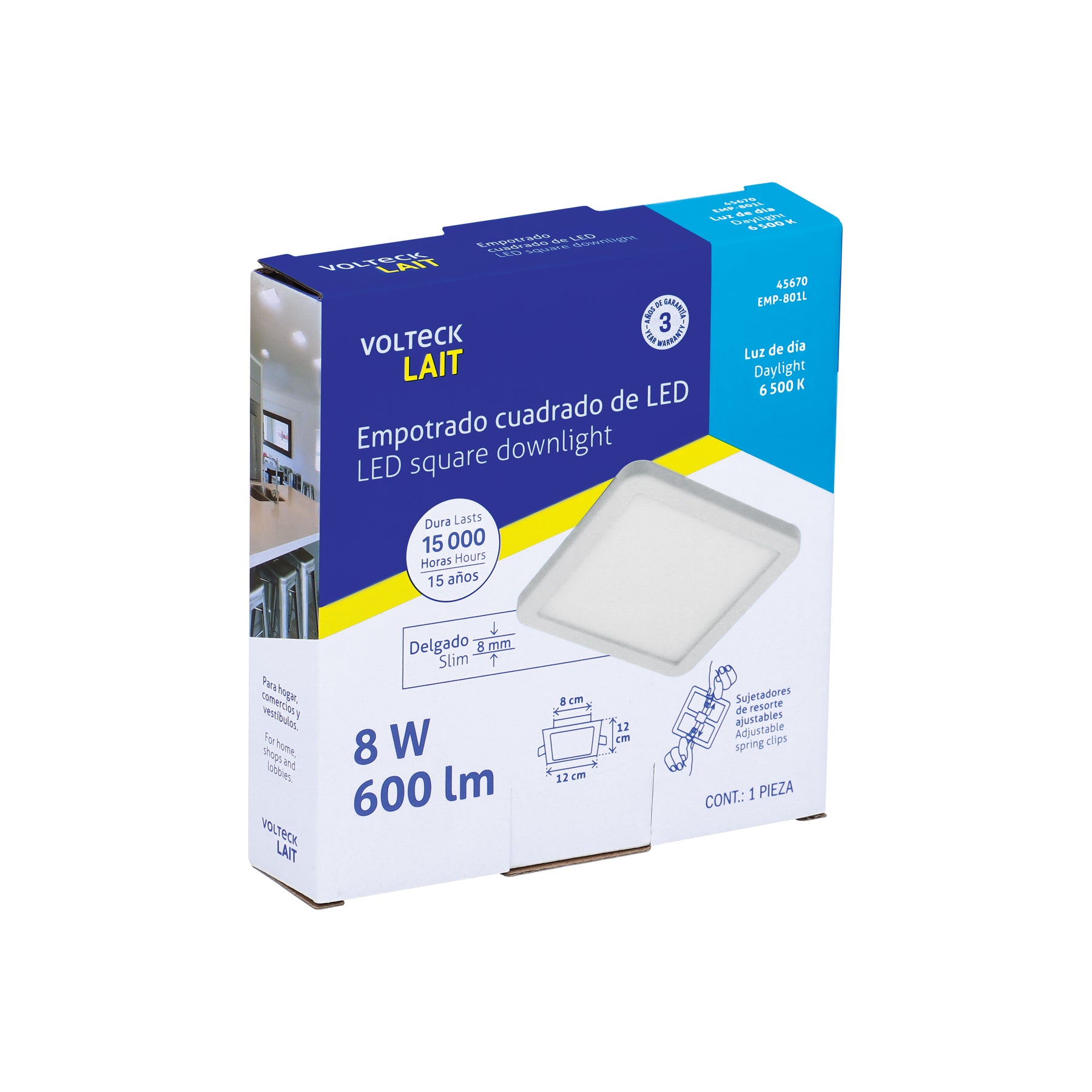 Luminario LED plafón 8W 6500K, ajustable, cuadrado, VOLTECK