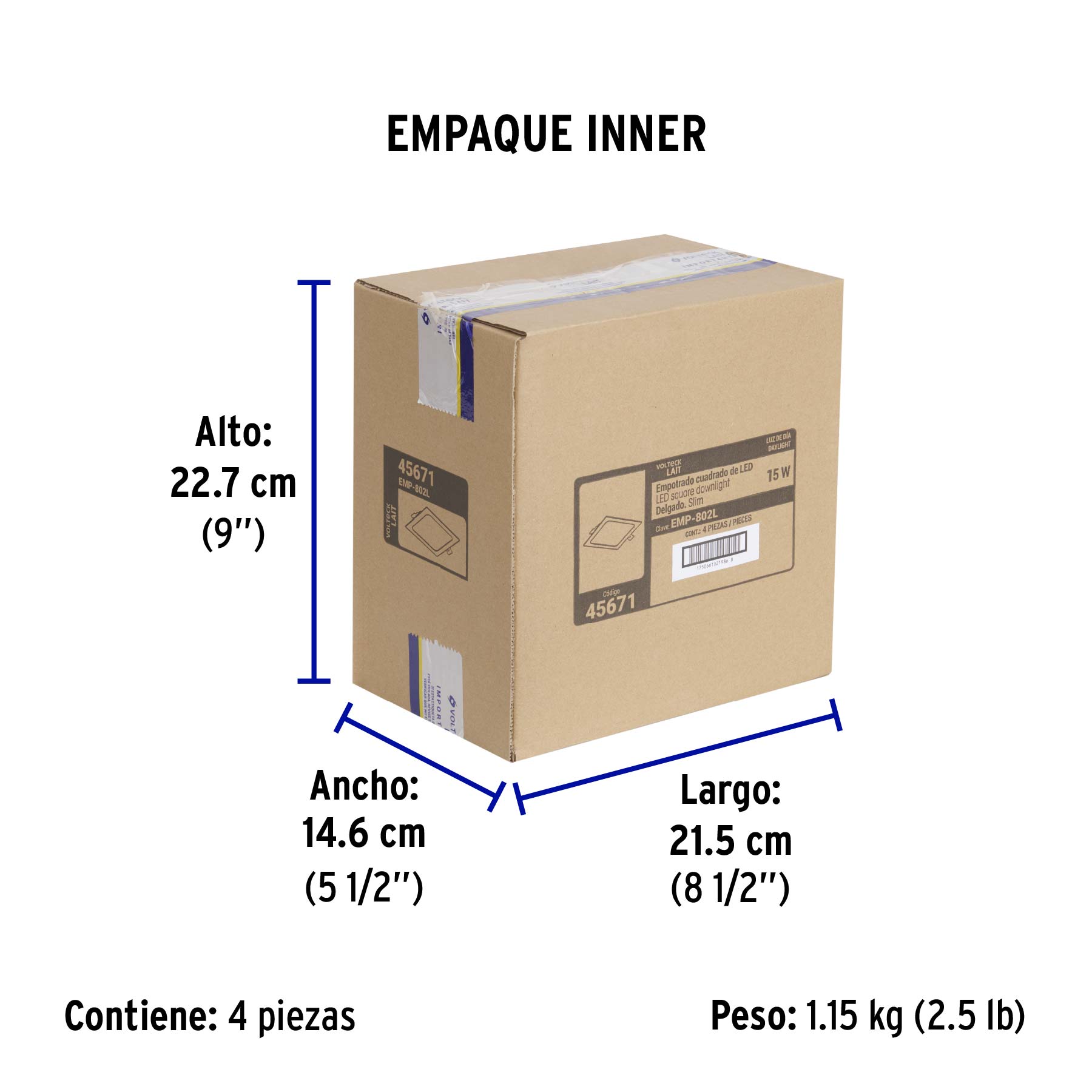 Luminario LED plafón 15W 6500K, ajustable, cuadrado, VOLTECK - Empaque