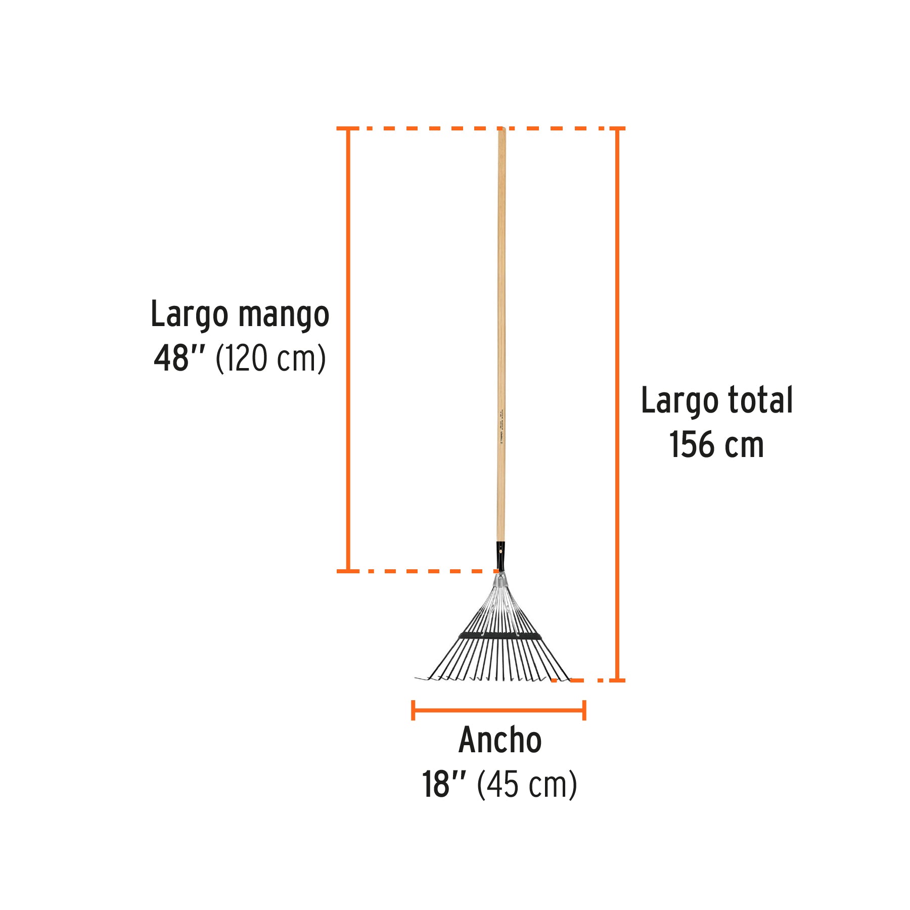 Escoba metálica para jardín, recta, 18 dientes, mango 48"
