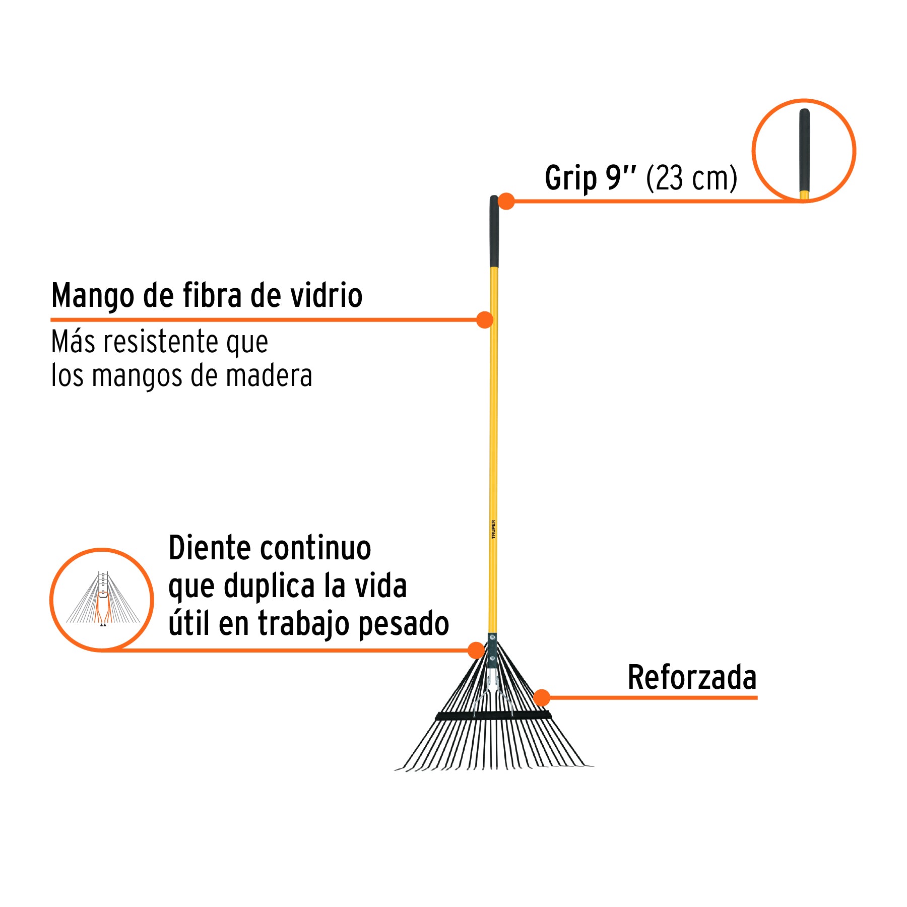 Escoba metálica para jardín, recta, 24 dientes, mango 54"