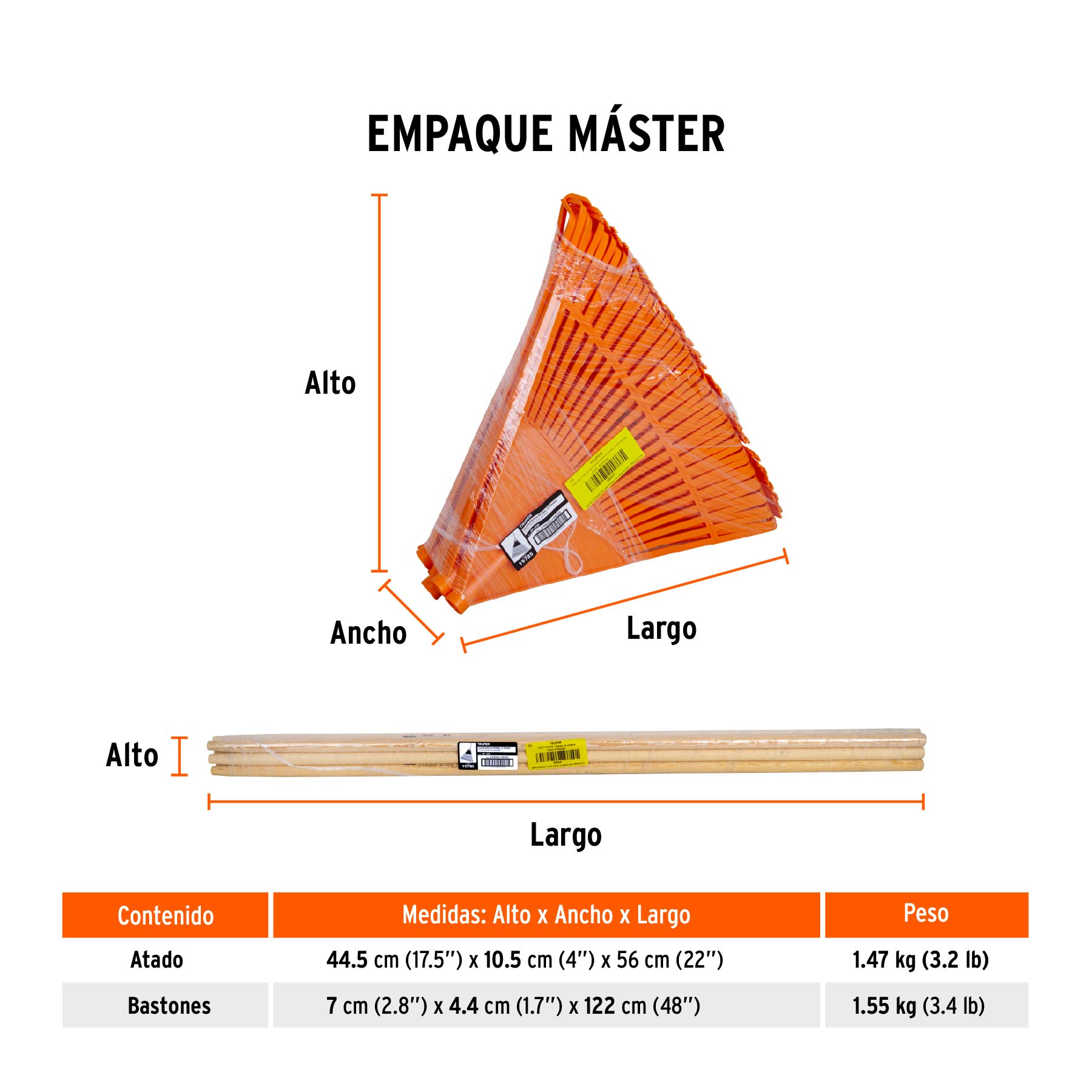 Escoba plástica para jardín, flexible, 22 dientes, mango 48" - Empaque