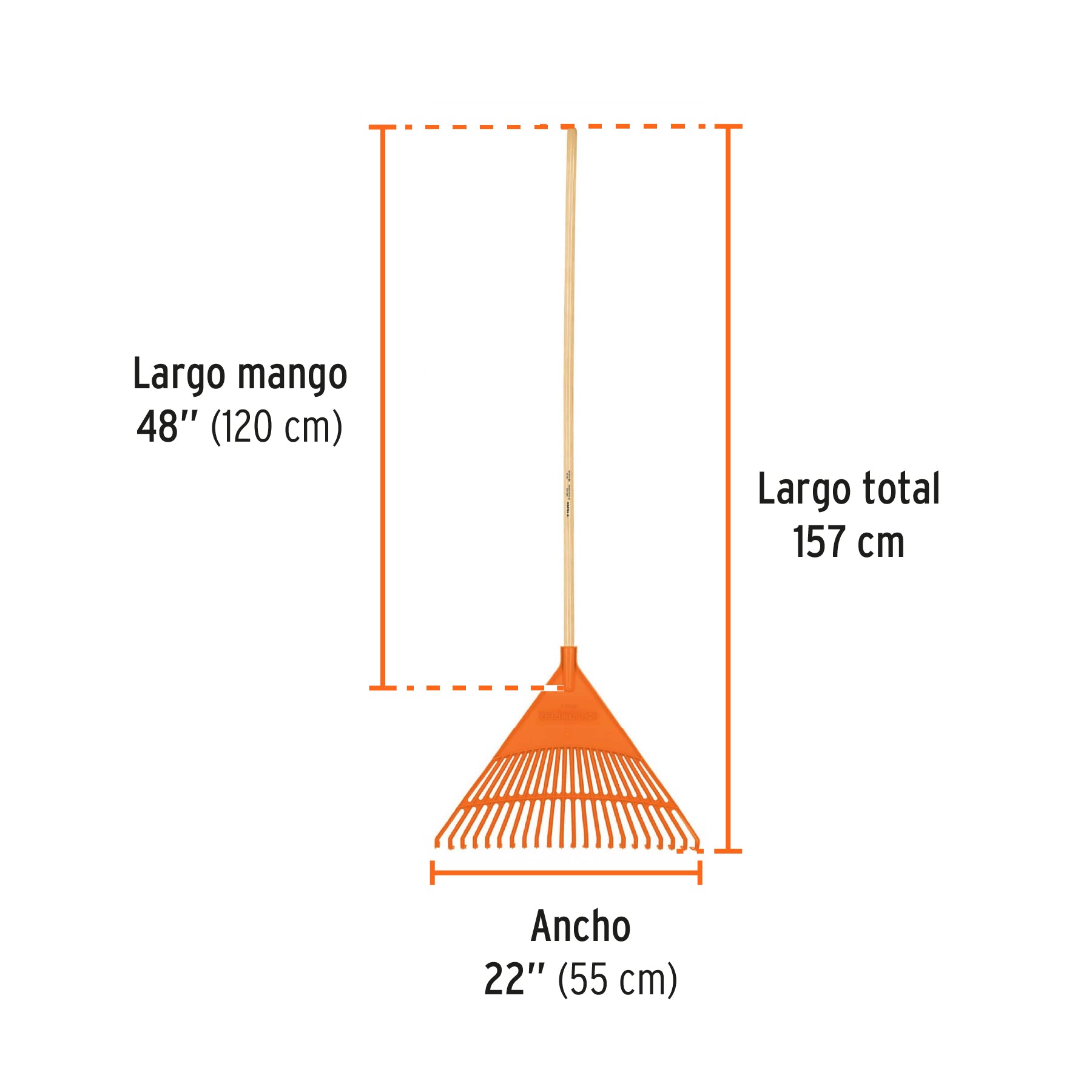 Escoba plástica para jardín, rígida, 22 dientes, mango 48"