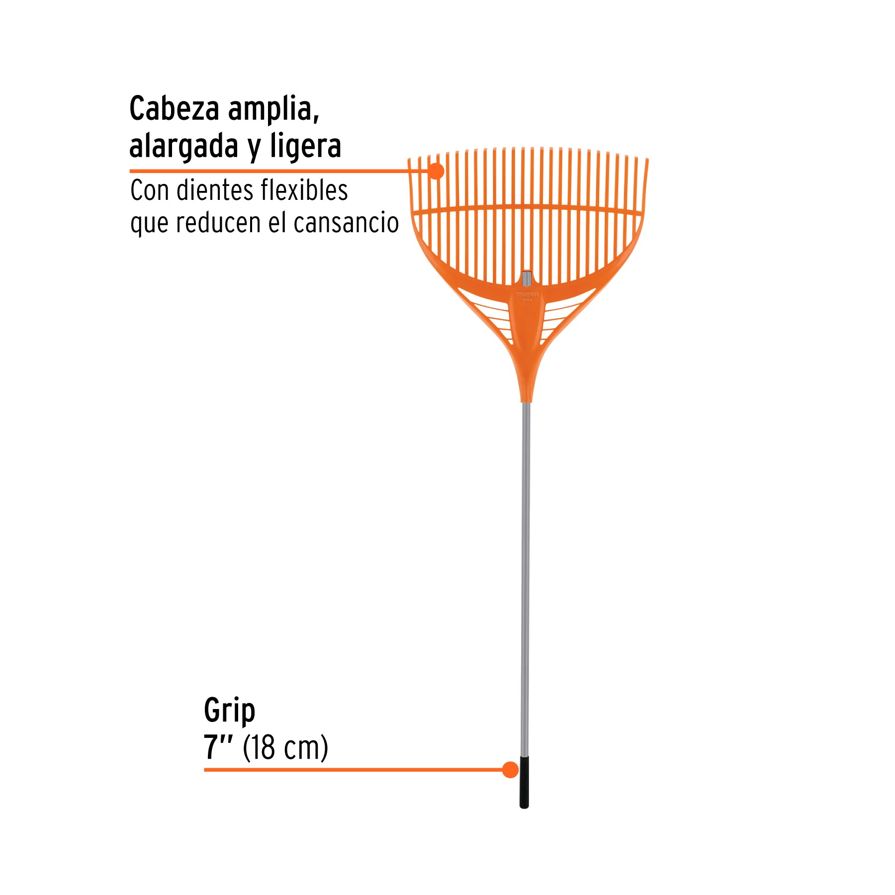 Escoba plástica p/jardín, flex. 26 dientes, mango acero 54"