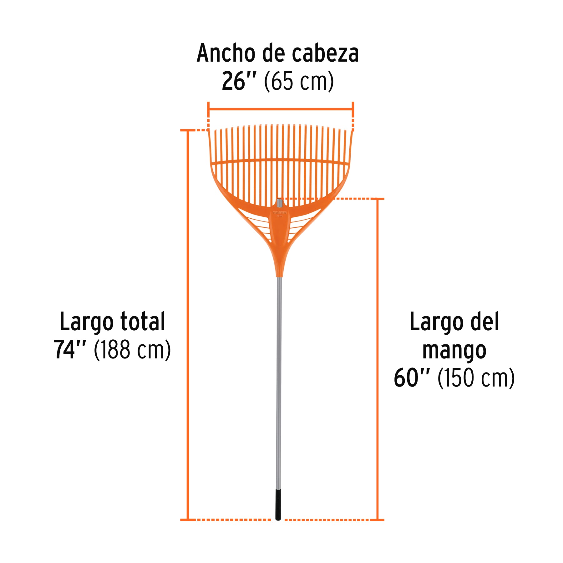 Escoba plástica p/jardín, flex. 26 dientes, mango acero 54"