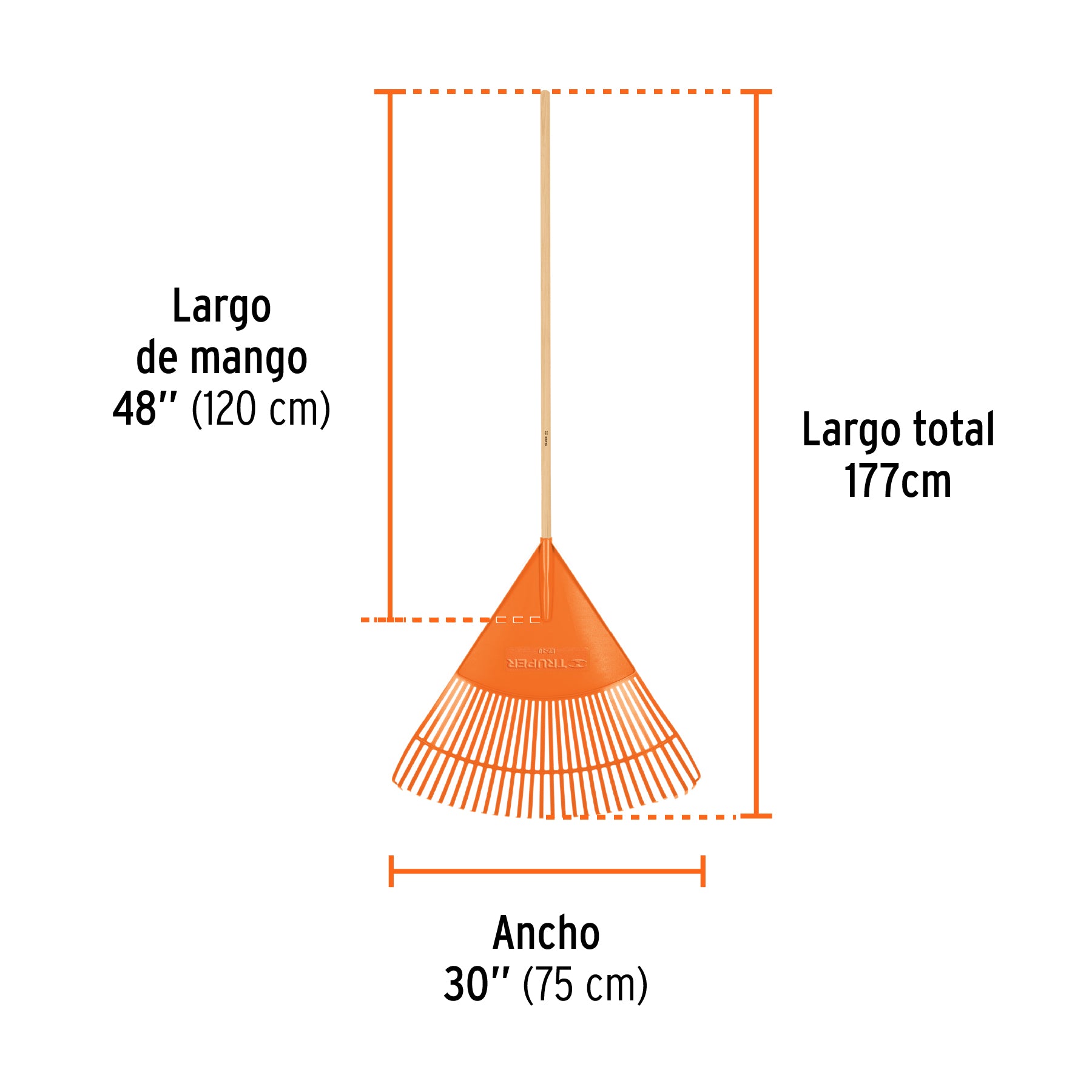 Escoba plástica para jardín, flexible, 30 dientes, mango 48"