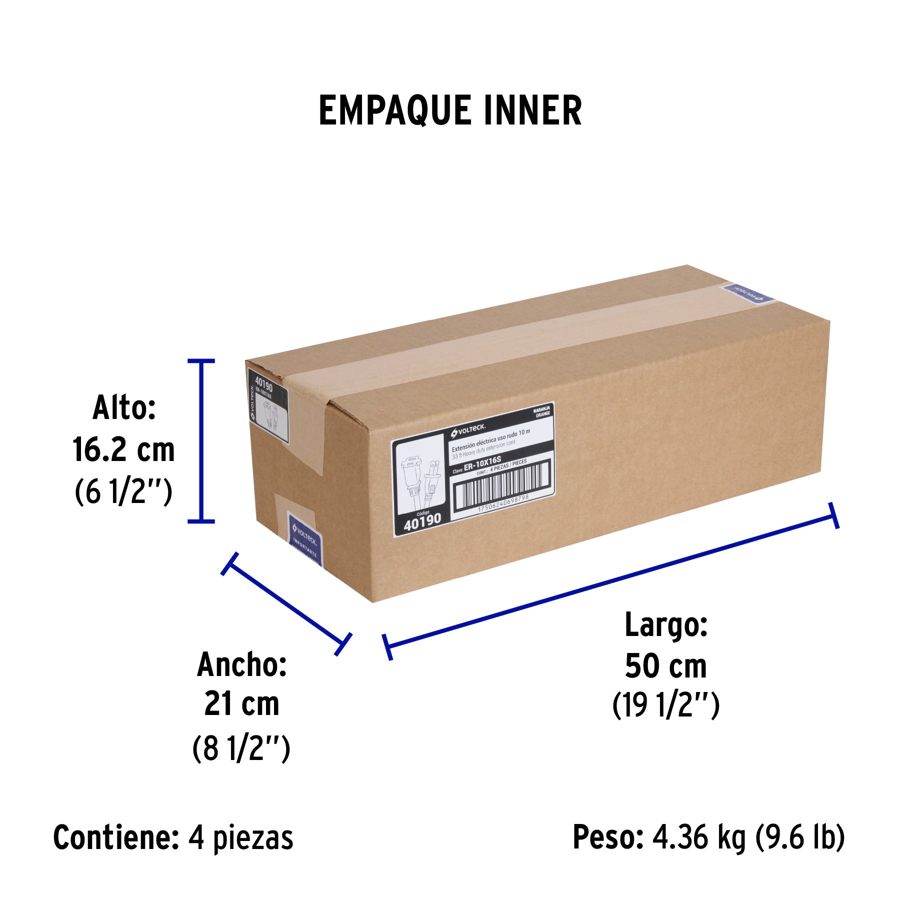 Extensión eléctrica uso rudo 10 m 2x16 AWG para 1 clavija - Empaque