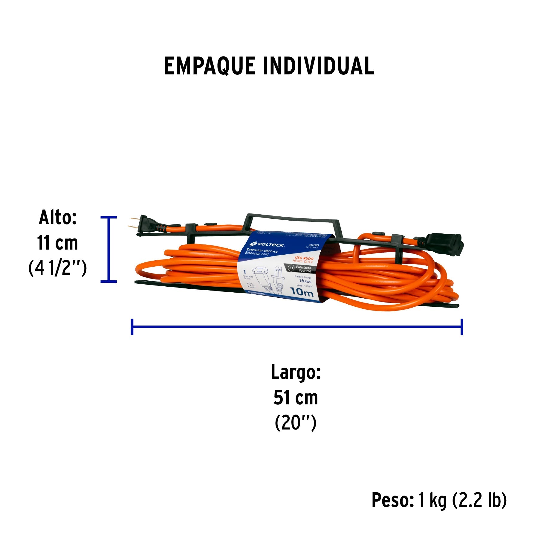 Extensión eléctrica uso rudo 10 m 2x16 AWG para 1 clavija - Empaque