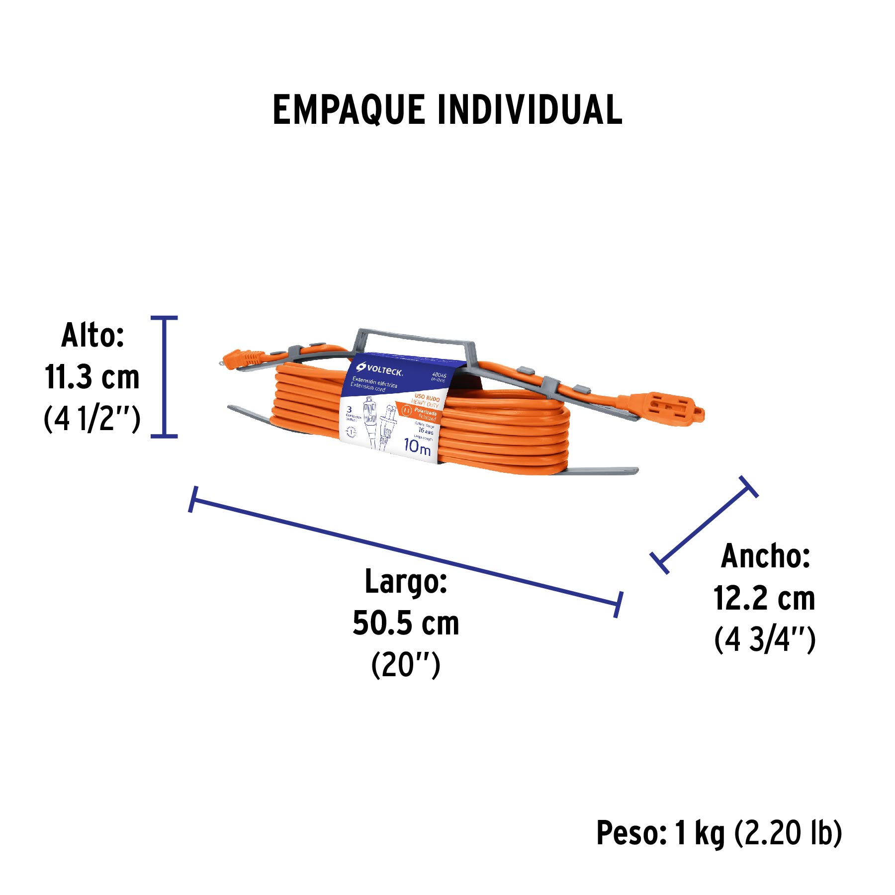 Extensión eléctrica de uso rudo 10 m 2x16 AWG, VOLTECK - Empaque