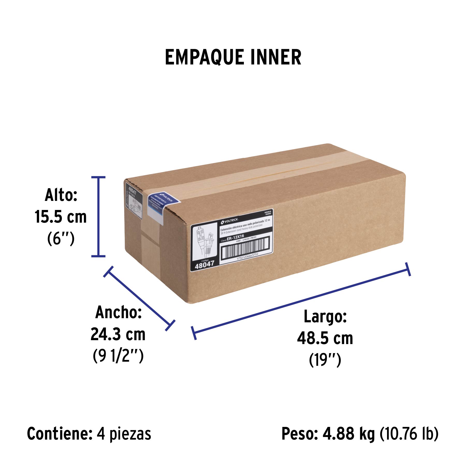 Extensión eléctrica de uso rudo 12 m 2x16 AWG, VOLTECK - Empaque