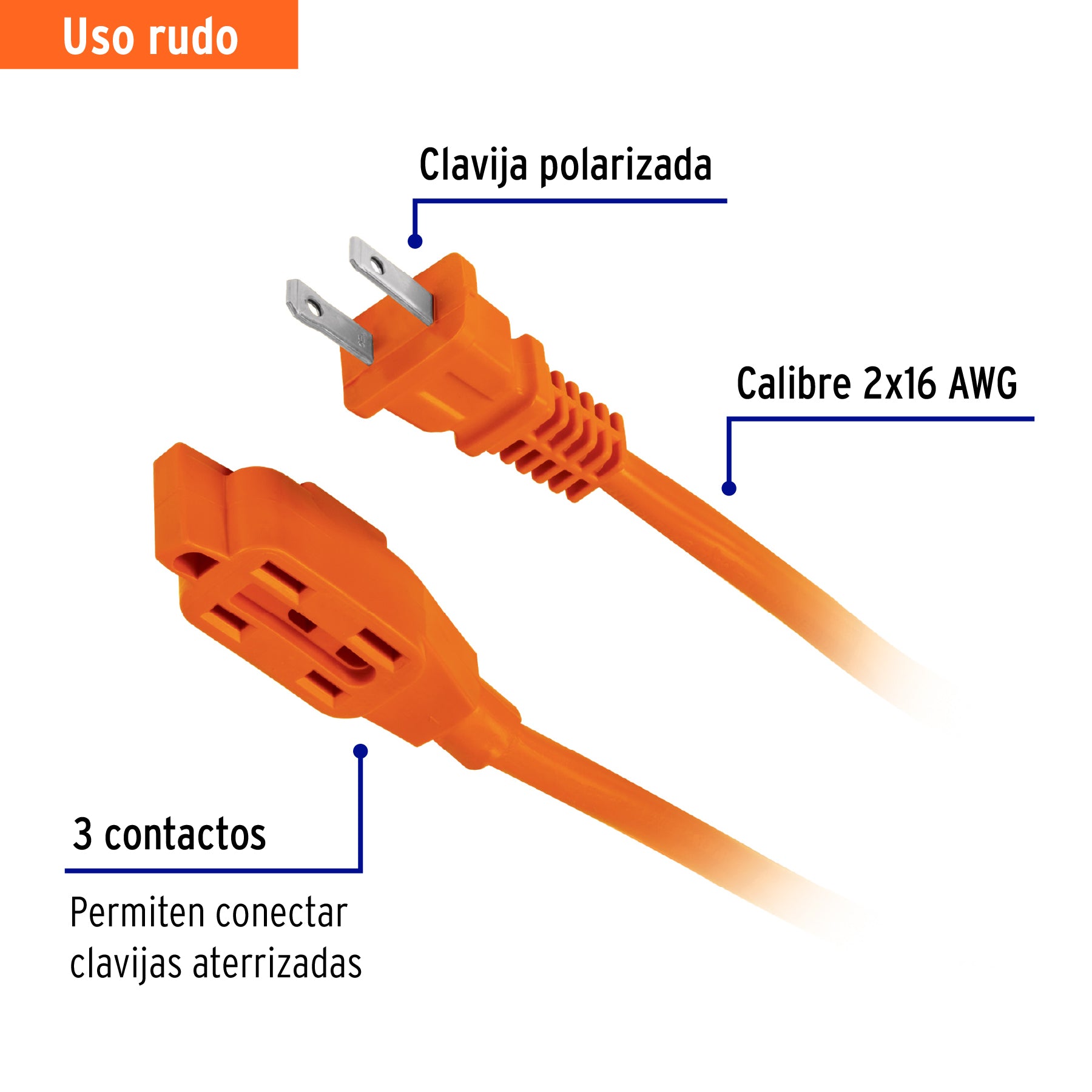Extensión eléctrica de uso rudo 12 m 2x16 AWG, VOLTECK