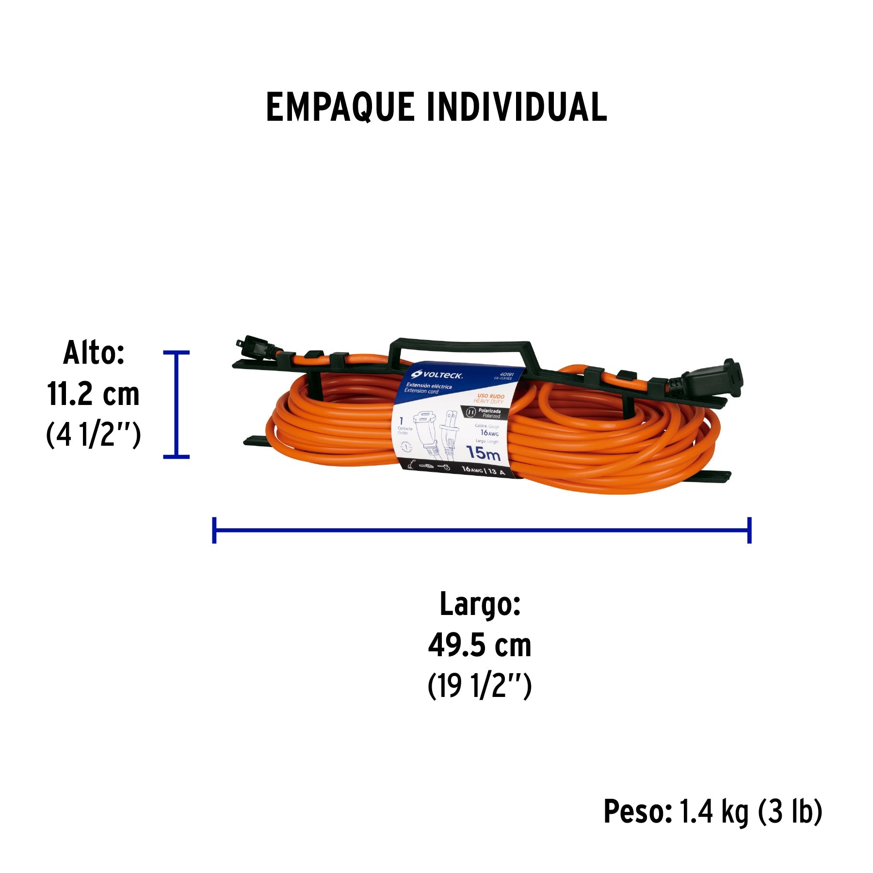 Extensión eléctrica uso rudo 15 m 2x16 AWG para 1 clavija - Empaque