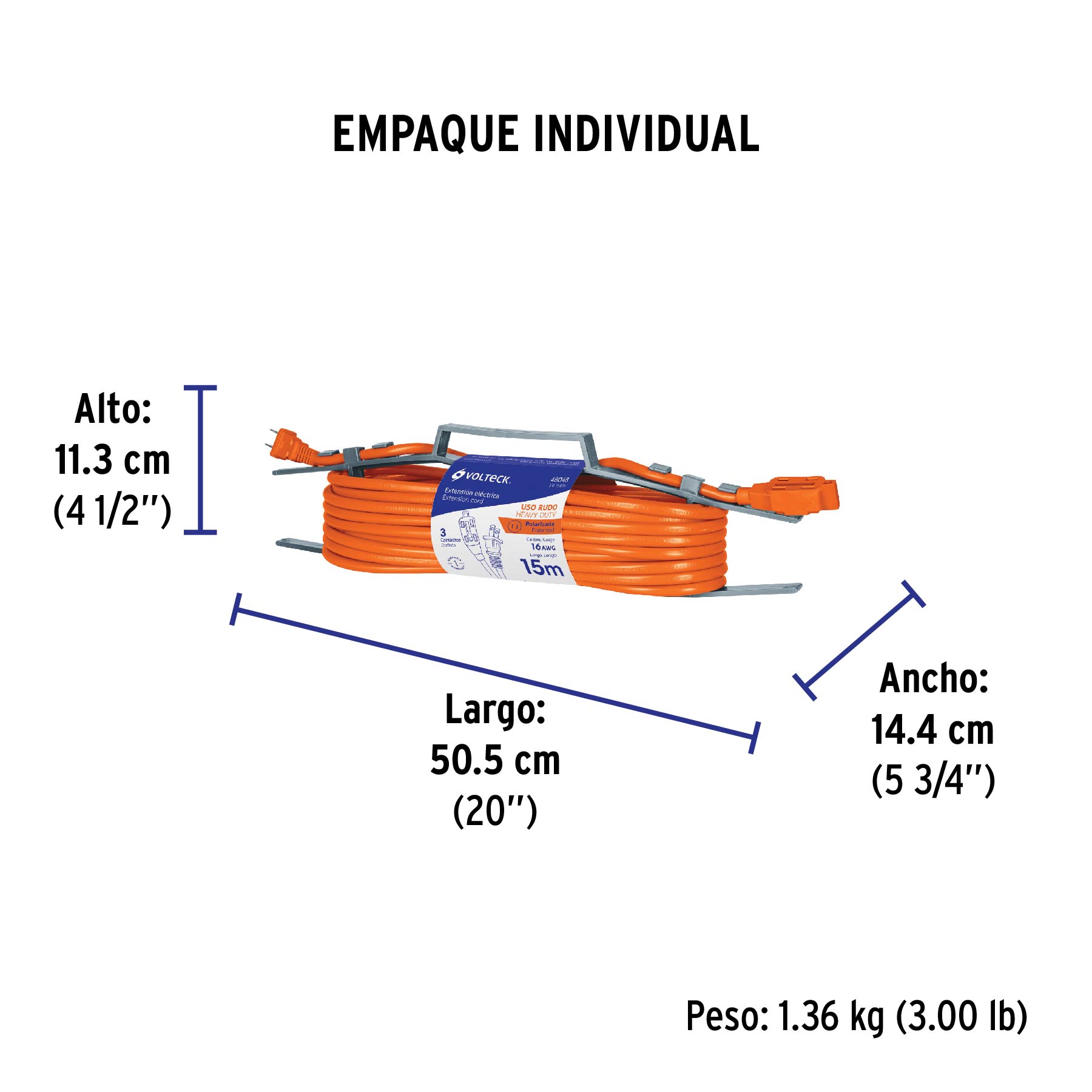 Extensión eléctrica de uso rudo 15 m 2x16 AWG, VOLTECK - Empaque