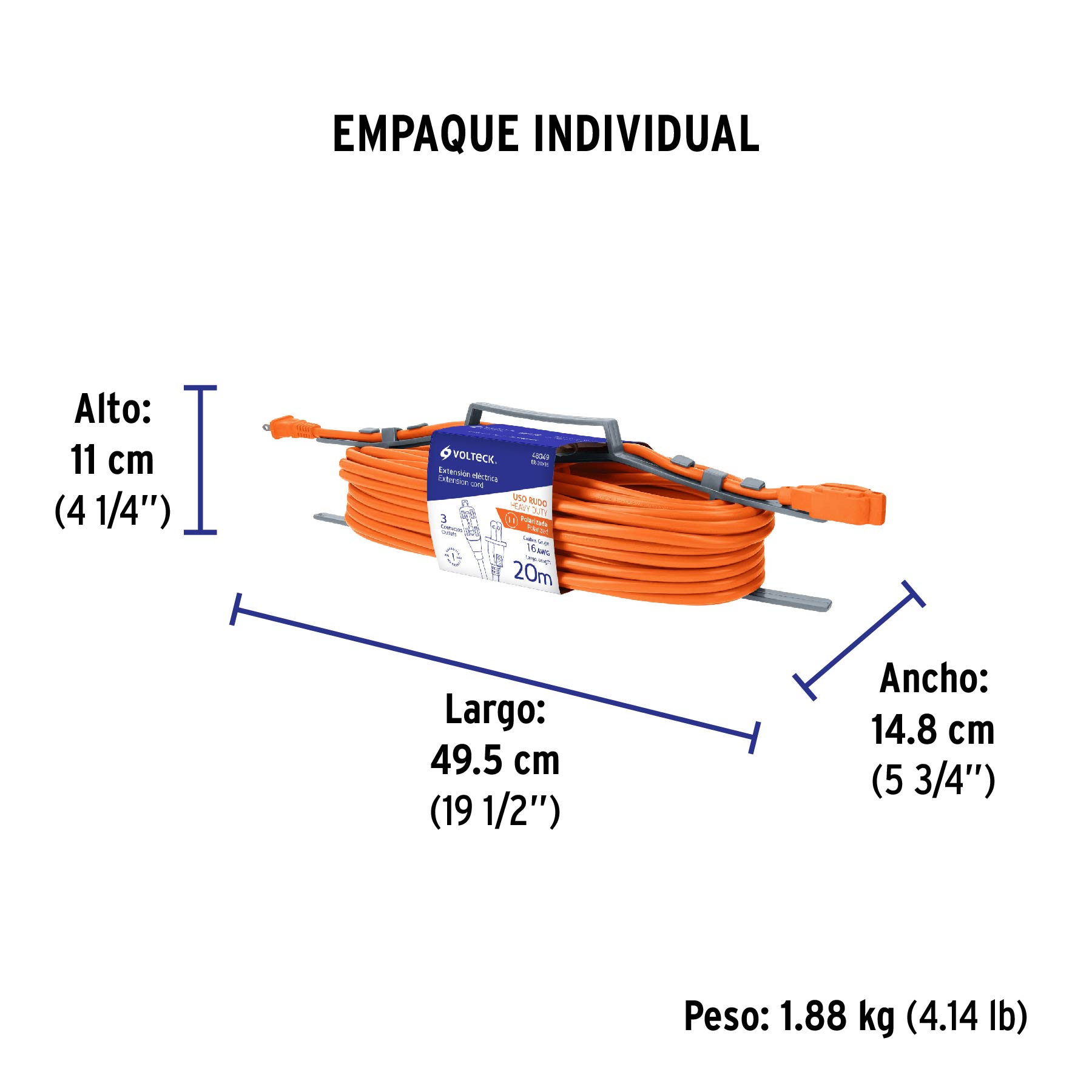 Extensión eléctrica de uso rudo 20 m 2x16 AWG, VOLTECK - Empaque