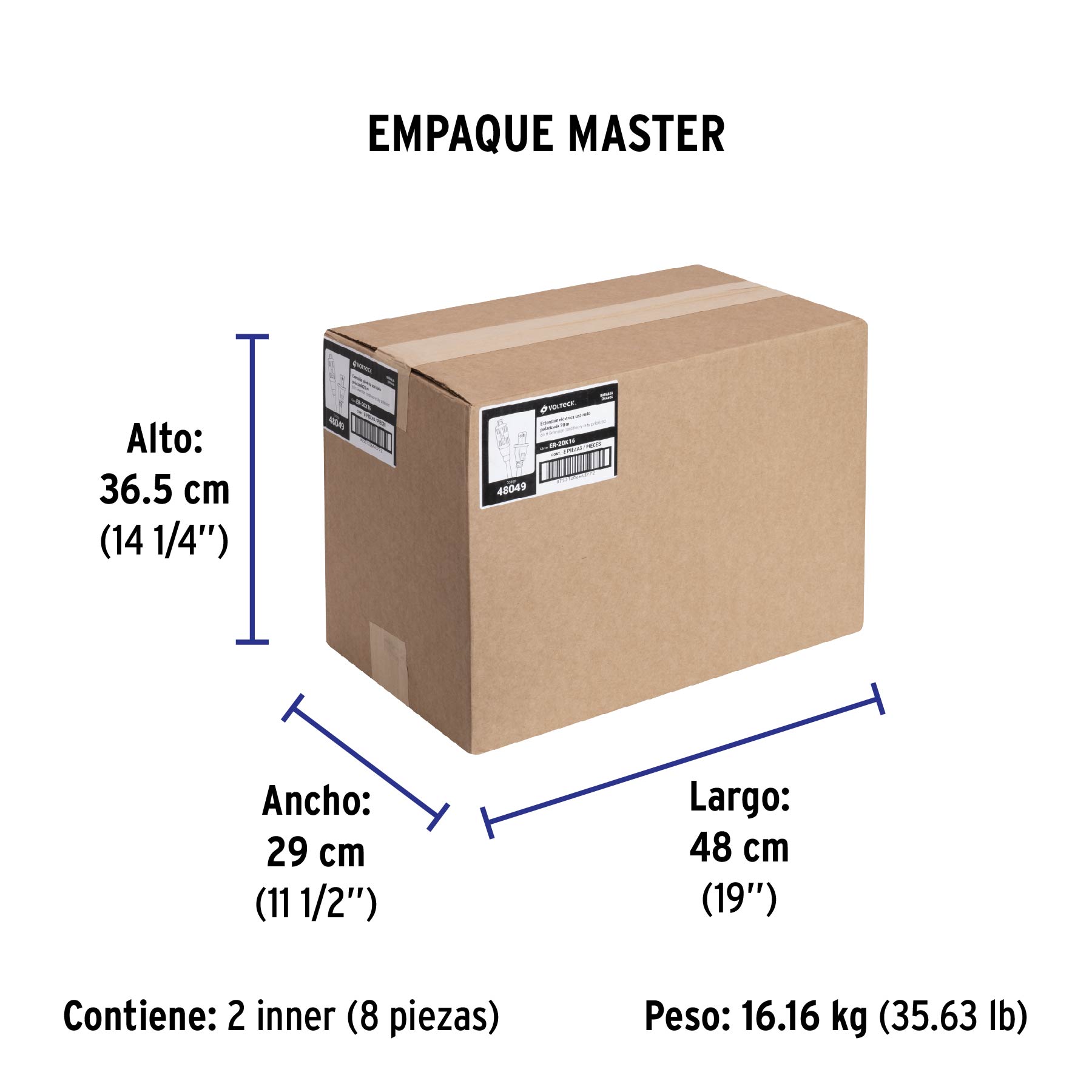 Extensión eléctrica de uso rudo 20 m 2x16 AWG, VOLTECK - Empaque