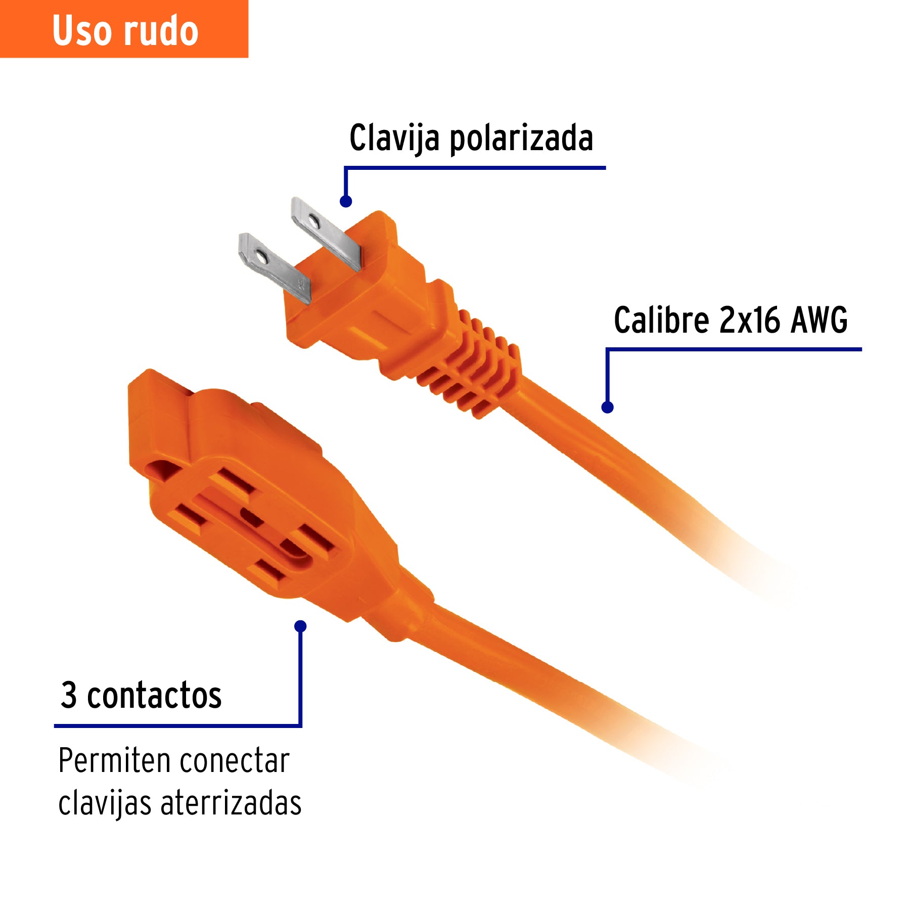Extensión eléctrica de uso rudo 20 m 2x16 AWG, VOLTECK