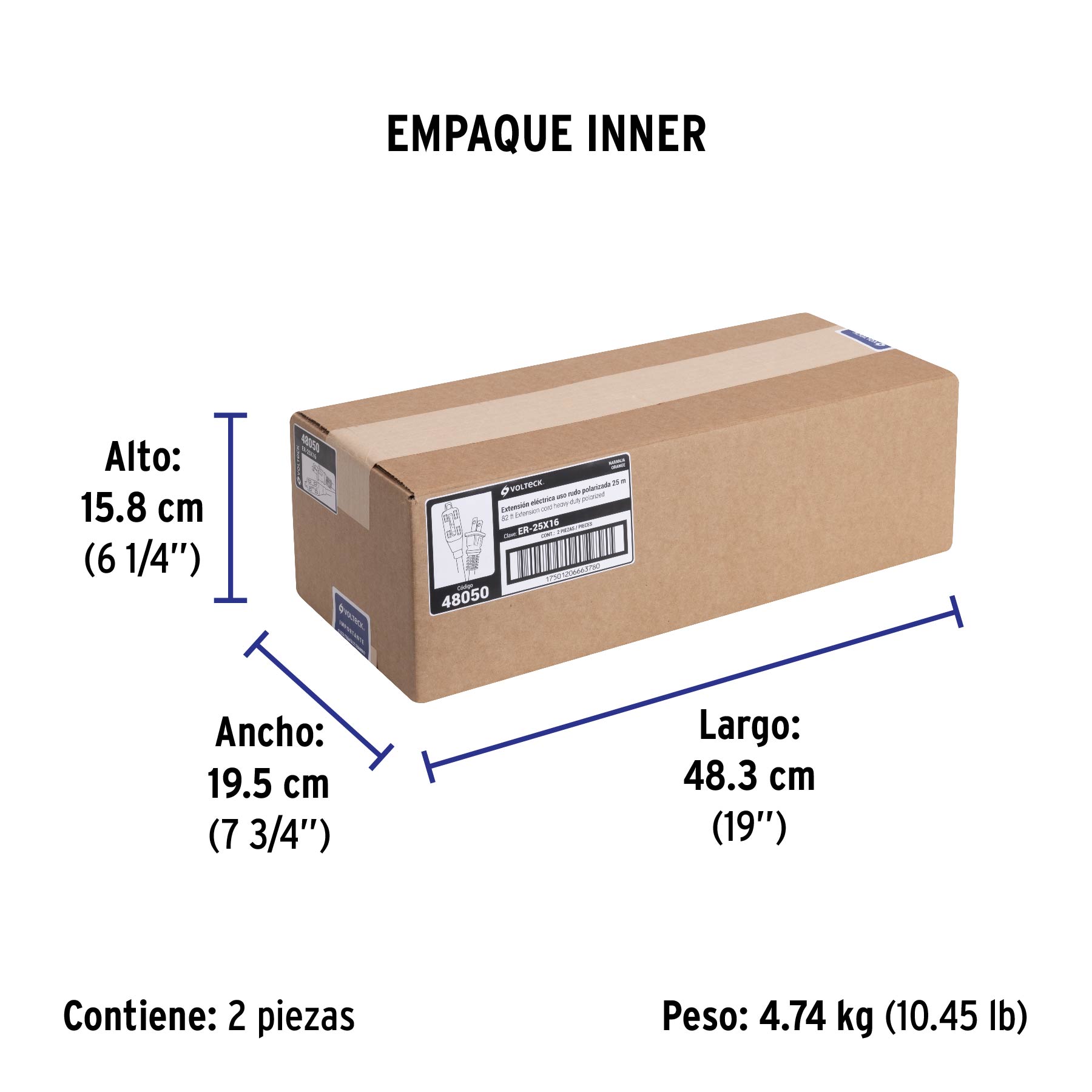 Extensión eléctrica de uso rudo 25 m 2x16 AWG, VOLTECK - Empaque
