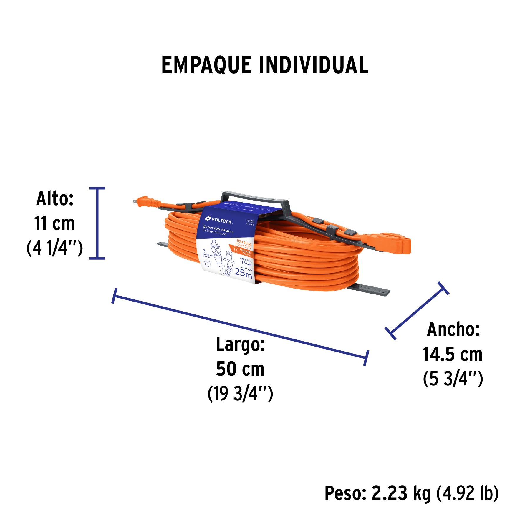Extensión eléctrica de uso rudo 25 m 2x16 AWG, VOLTECK - Empaque