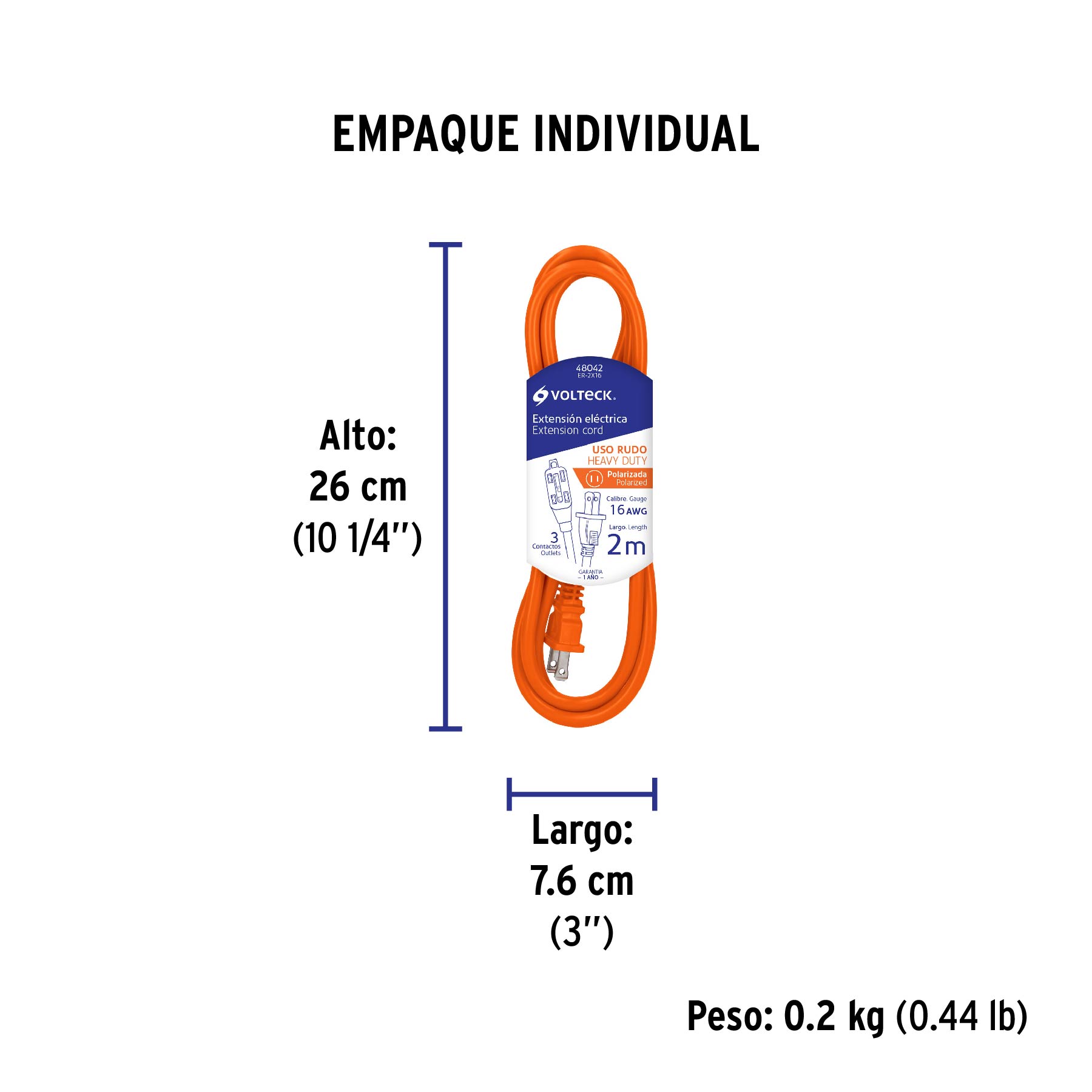 Extensión eléctrica de uso rudo 2 m 2x16 AWG, VOLTECK - Empaque