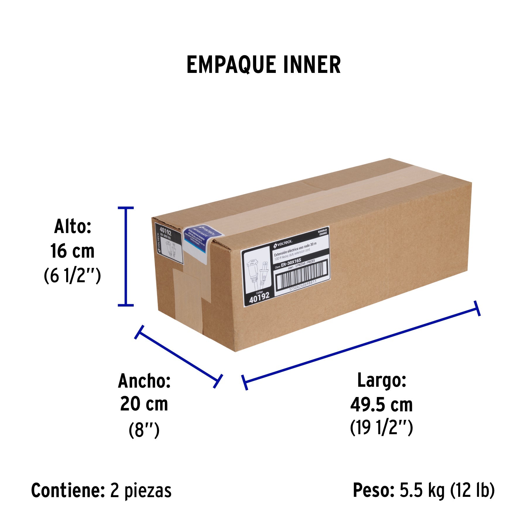 Extensión eléctrica uso rudo 30 m 2x16 AWG para 1 clavija - Empaque