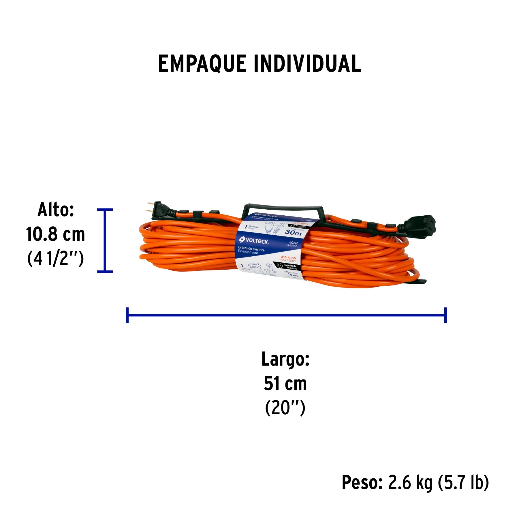 Extensión eléctrica uso rudo 30 m 2x16 AWG para 1 clavija - Empaque