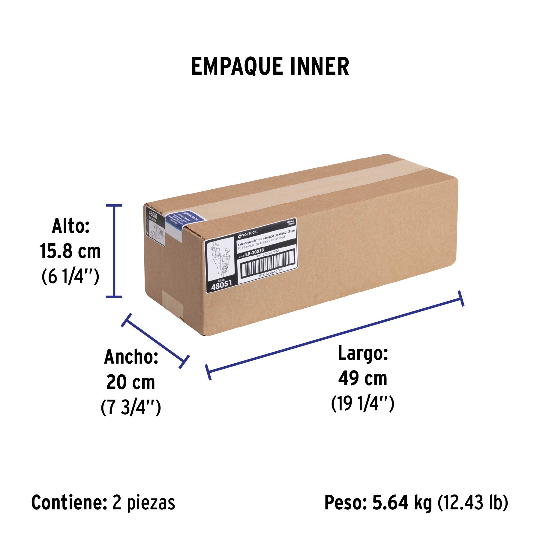 Extensión eléctrica de uso rudo 30 m 2x16 AWG, VOLTECK - Empaque