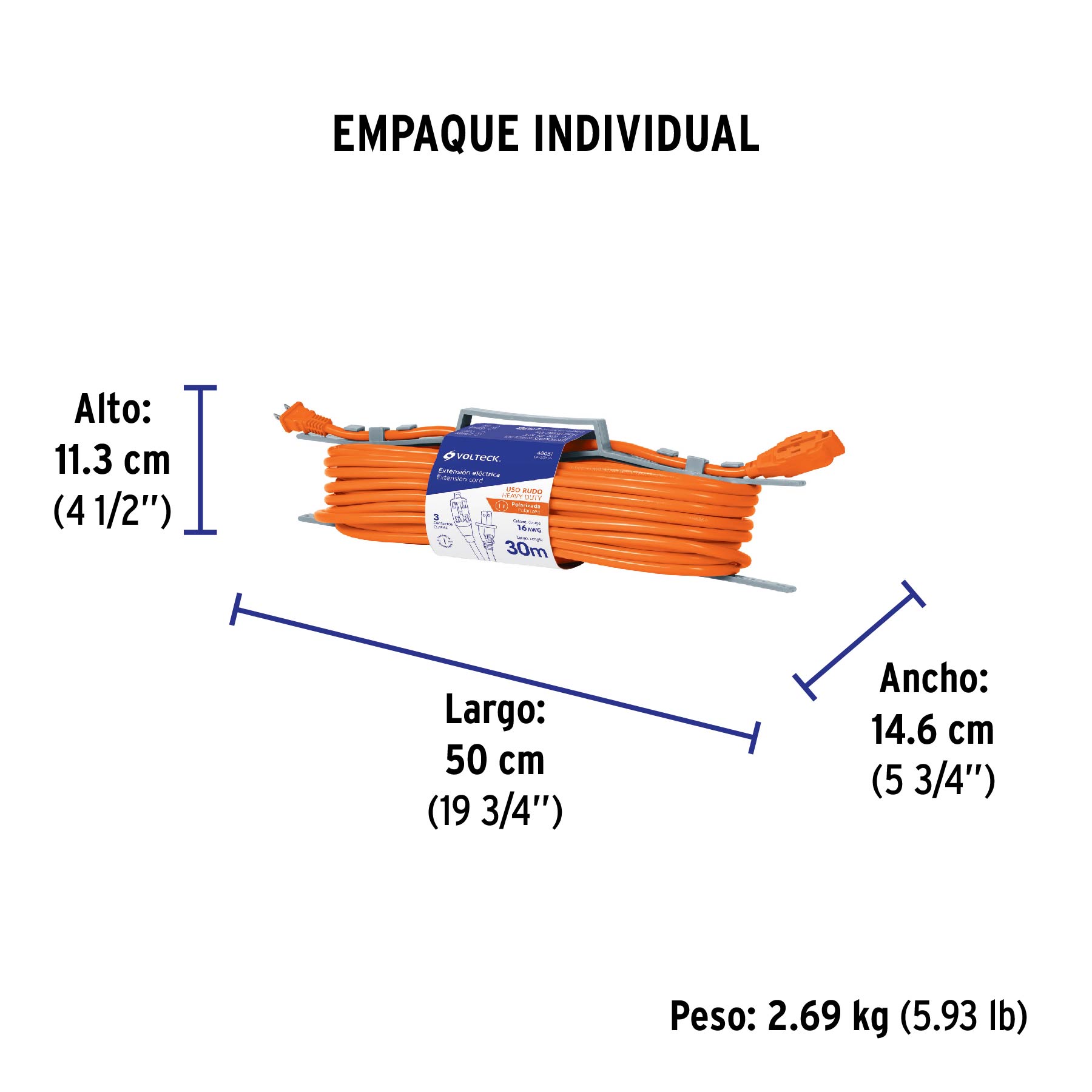 Extensión eléctrica de uso rudo 30 m 2x16 AWG, VOLTECK - Empaque