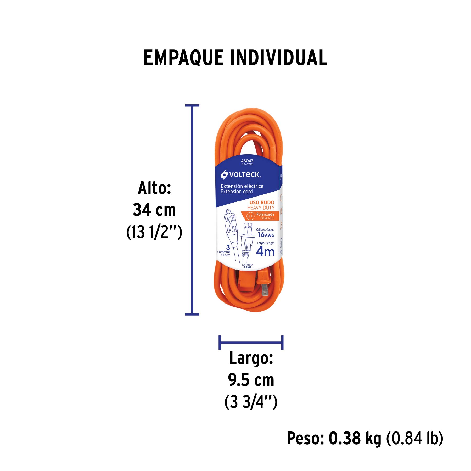 Extensión eléctrica de uso rudo 4 m 2x16 AWG, VOLTECK - Empaque