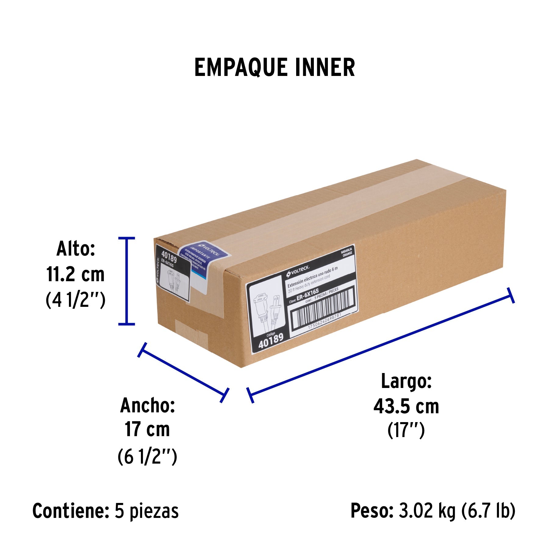 Extensión eléctrica uso rudo 6m 2x16 AWG para 1 clavija - Empaque